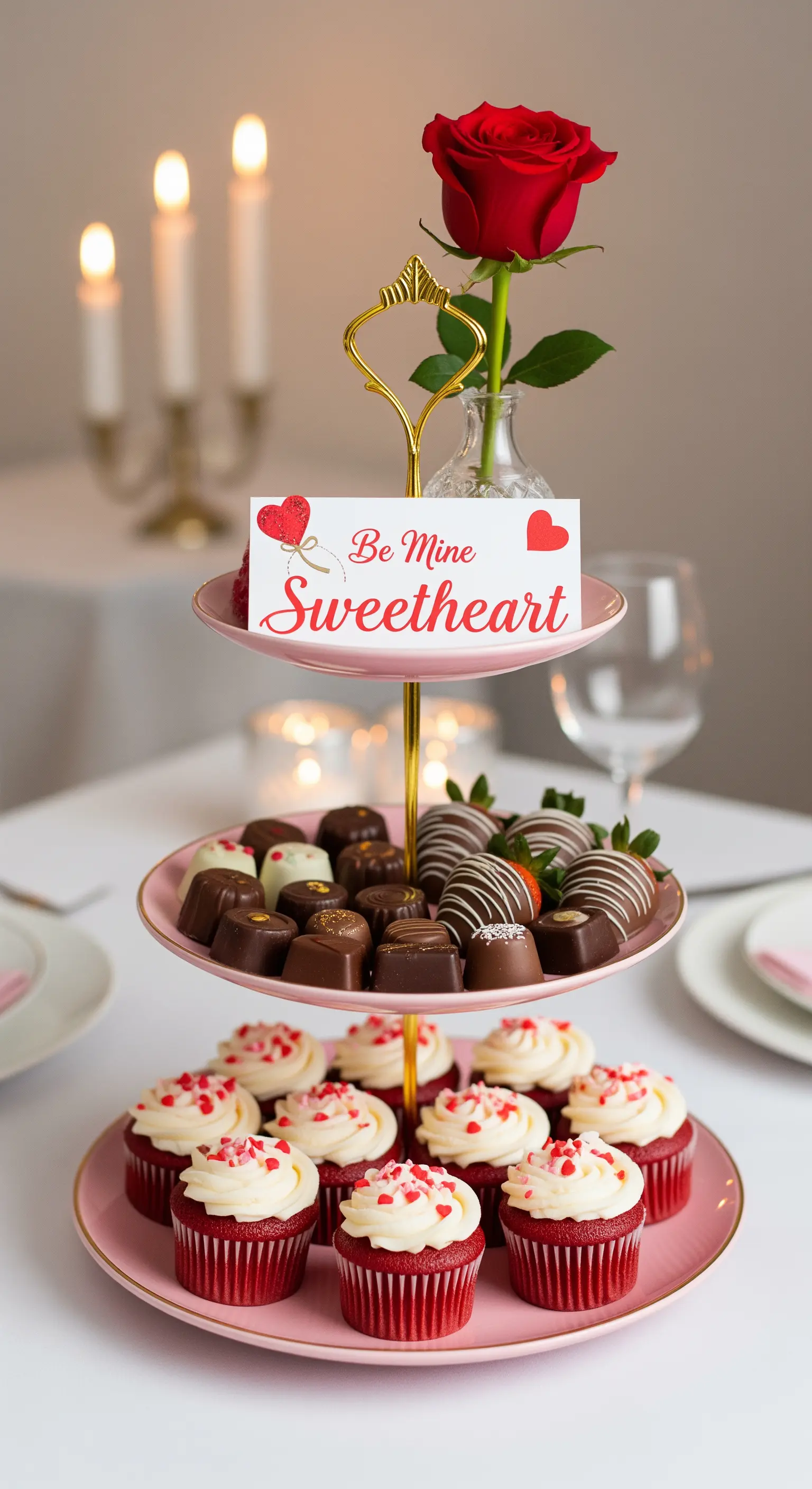 Romantische Valentinstag-Etagere in Rosa mit Rose, Pralinen und Cupcakes.