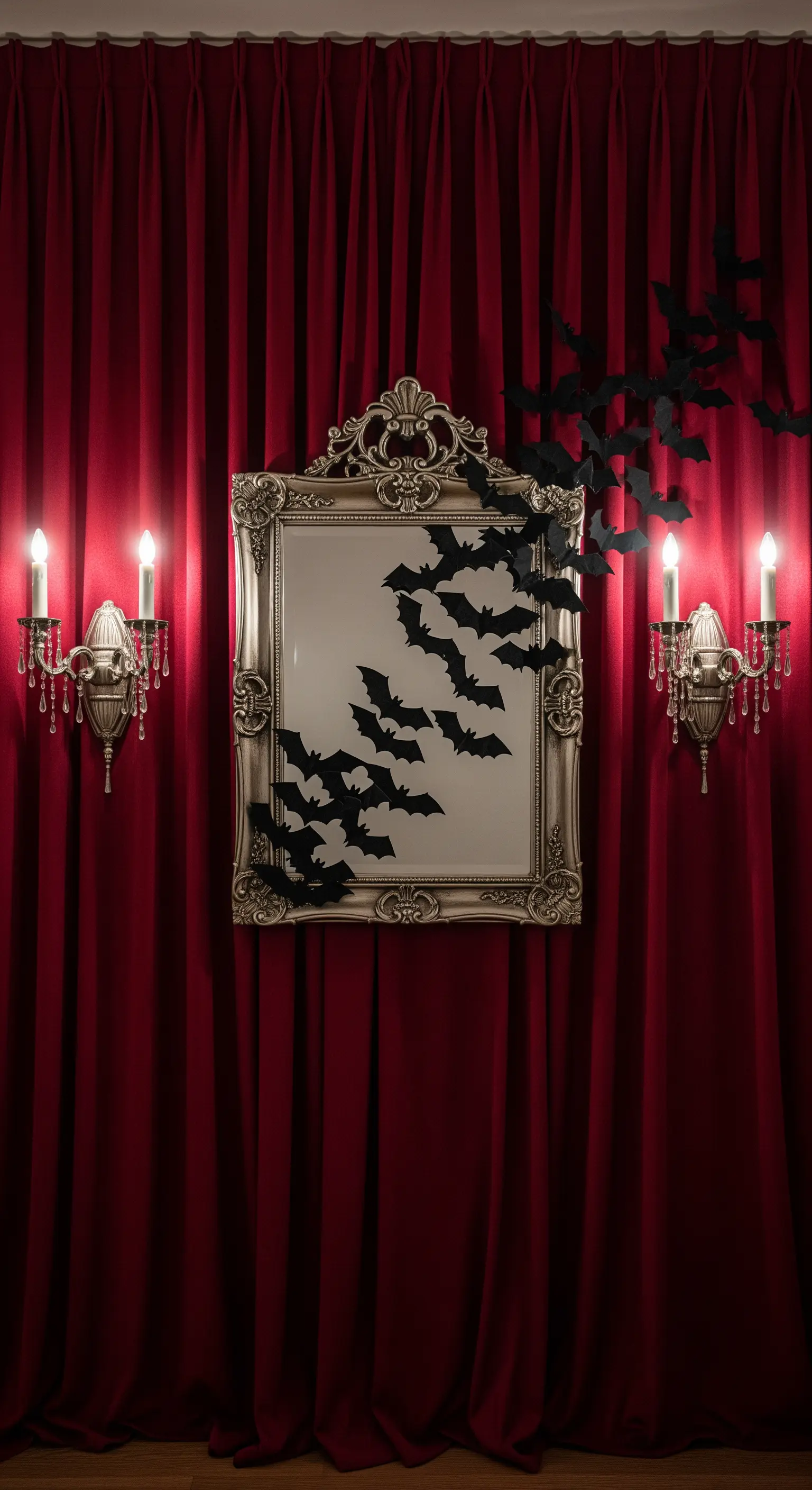 Opulenter Spiegel und Fledermäuse vor einem schweren, roten Samtvorhang.