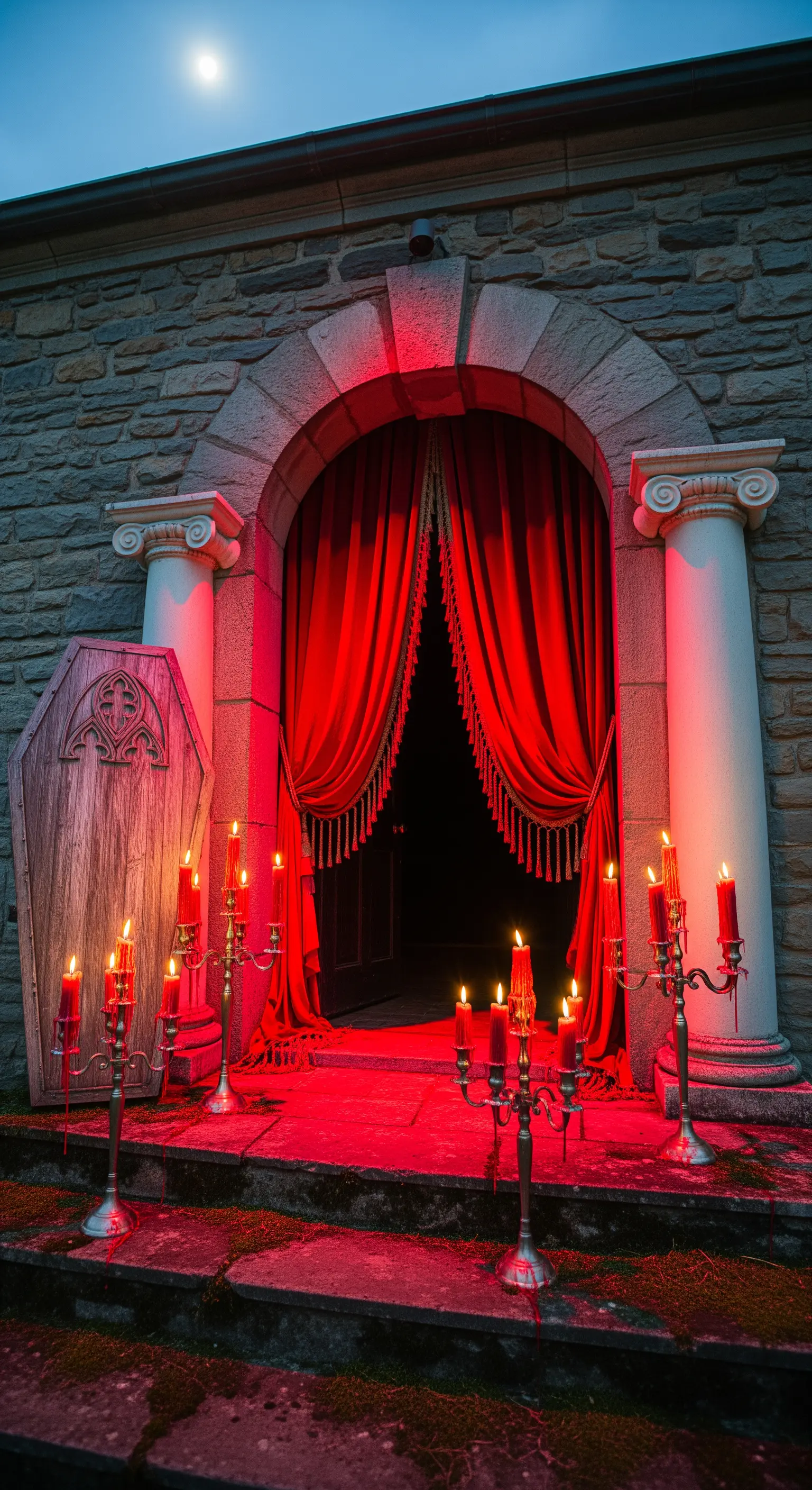 Vampir-Krypta-Eingang mit roten Samtvorhängen, Kerzenleuchtern und einem Sarg bei Mondschein.