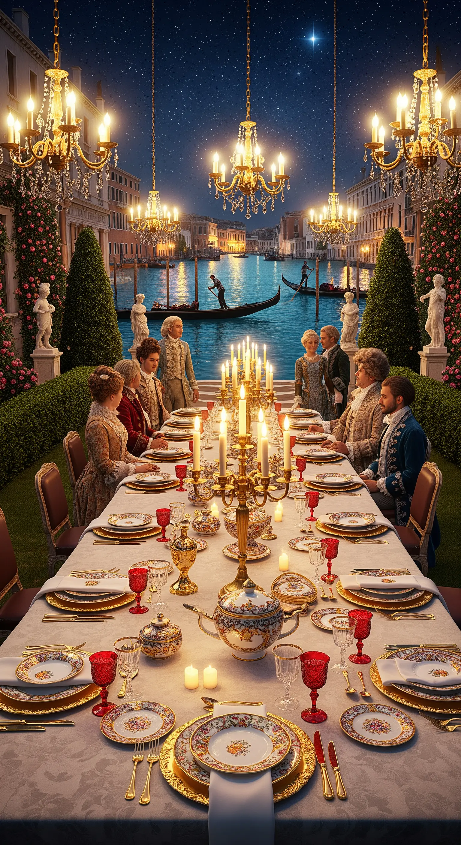 Große Tafel mit Kronleuchtern, rotem Glas, Gold-Porzellan und venezianischer Kulisse