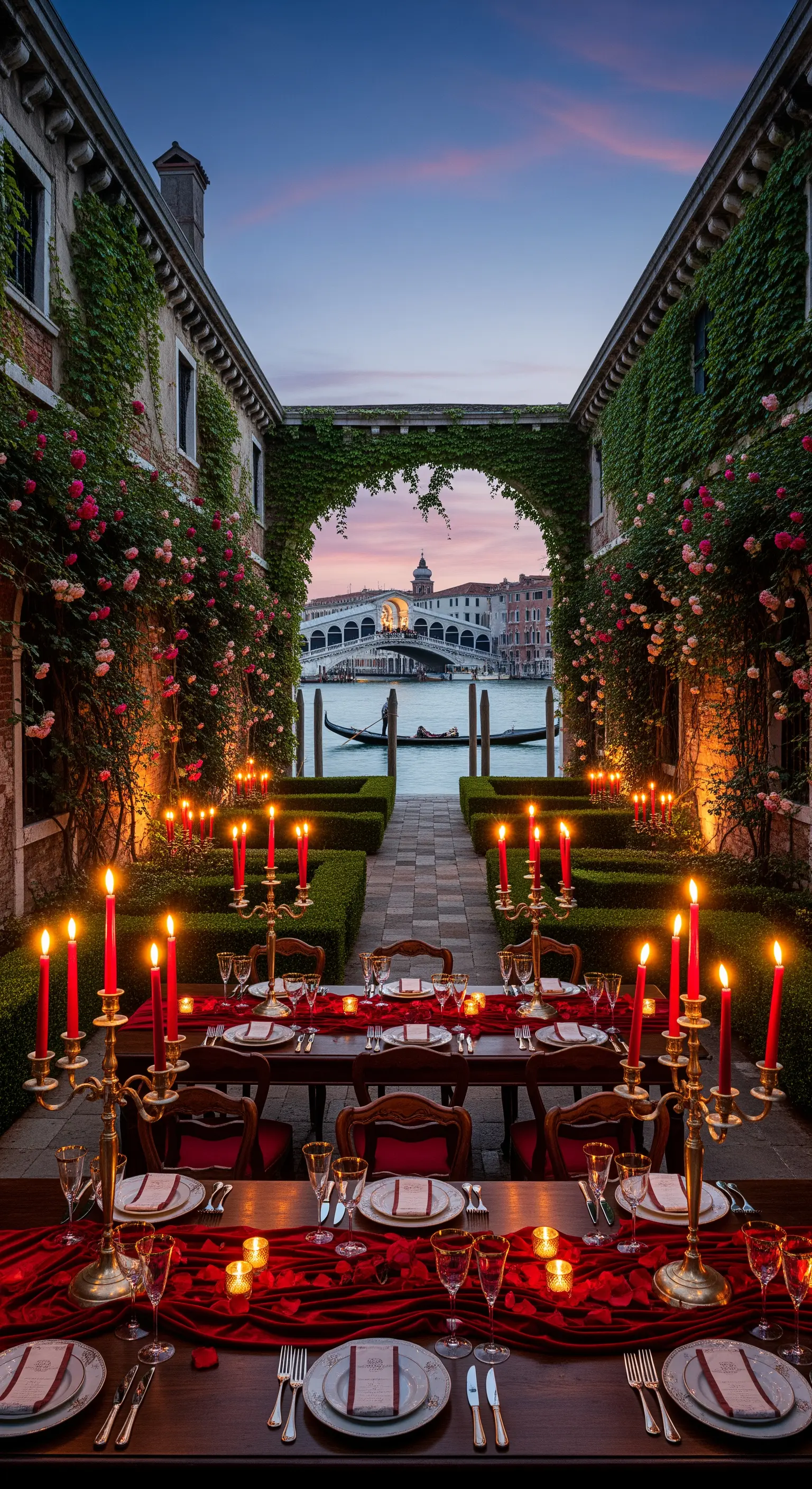 Langer Tisch mit rotem Tischläufer, roten Kerzen in goldenen Leuchtern unter Rosenbogen in Venedig.