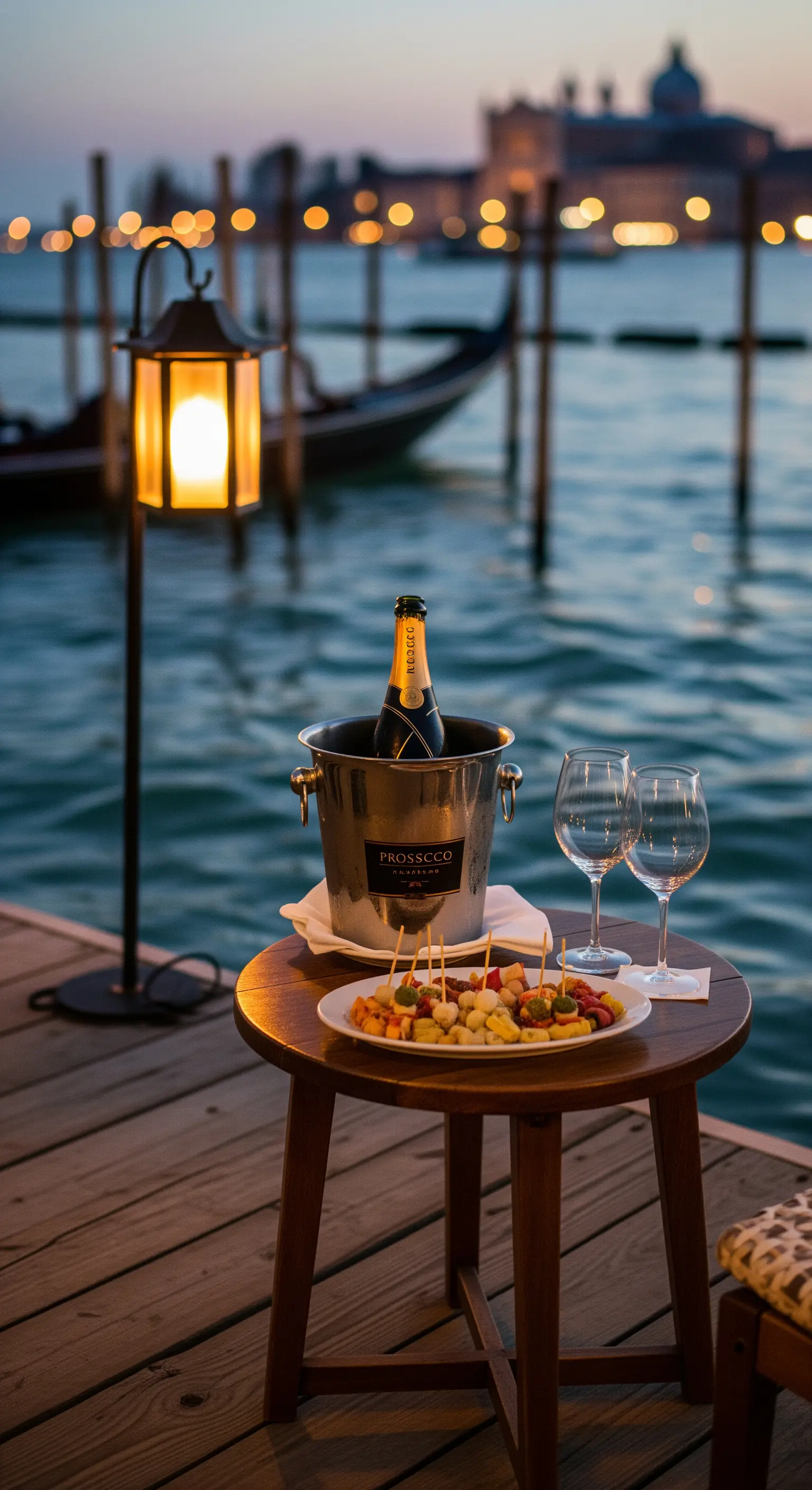 Kleiner Tisch mit Prosecco und Snacks an einem venezianischen Kanal