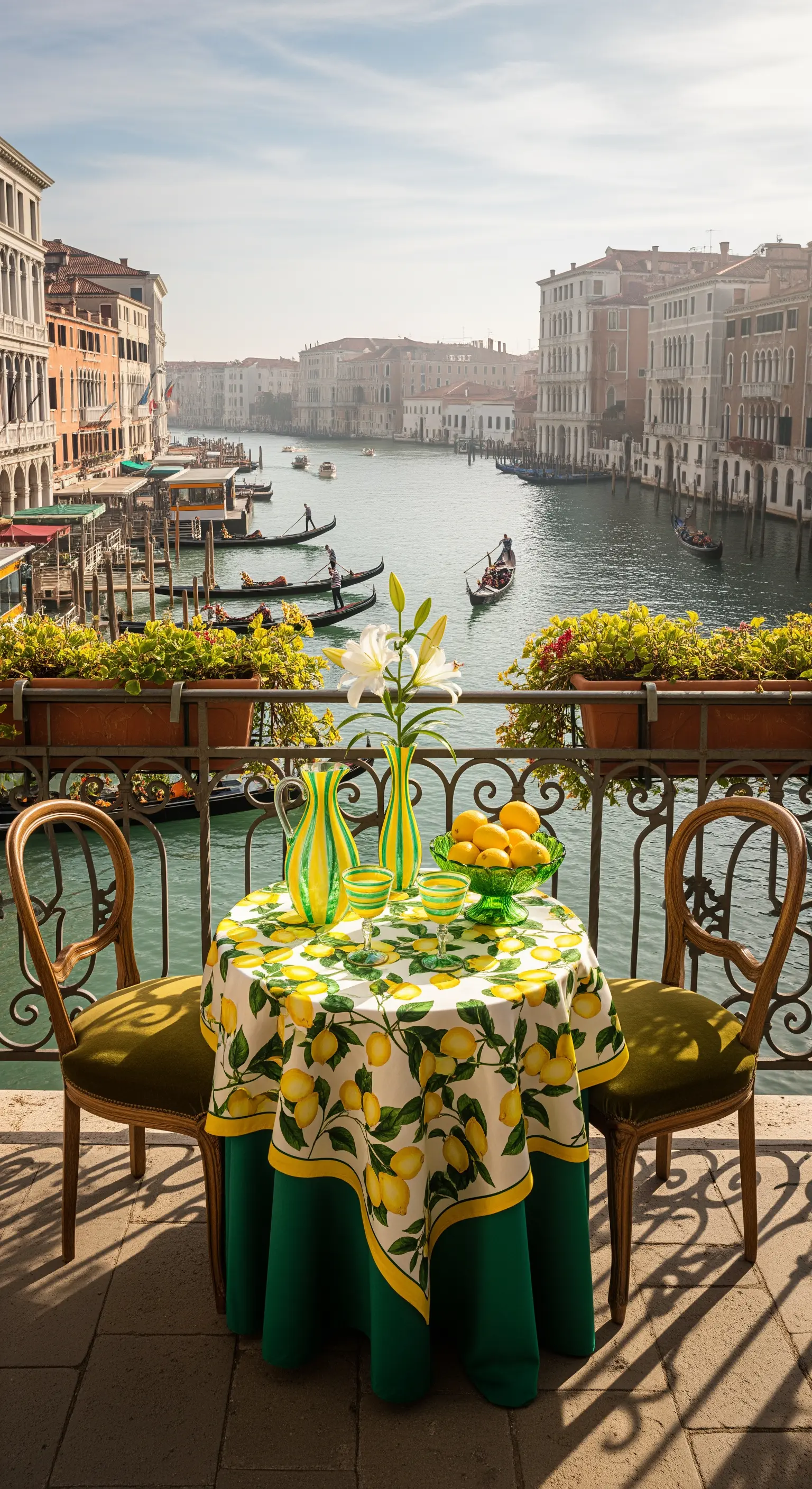 Balkon in Venedig mit Zitronen-Tischdecke und grünem Geschirr