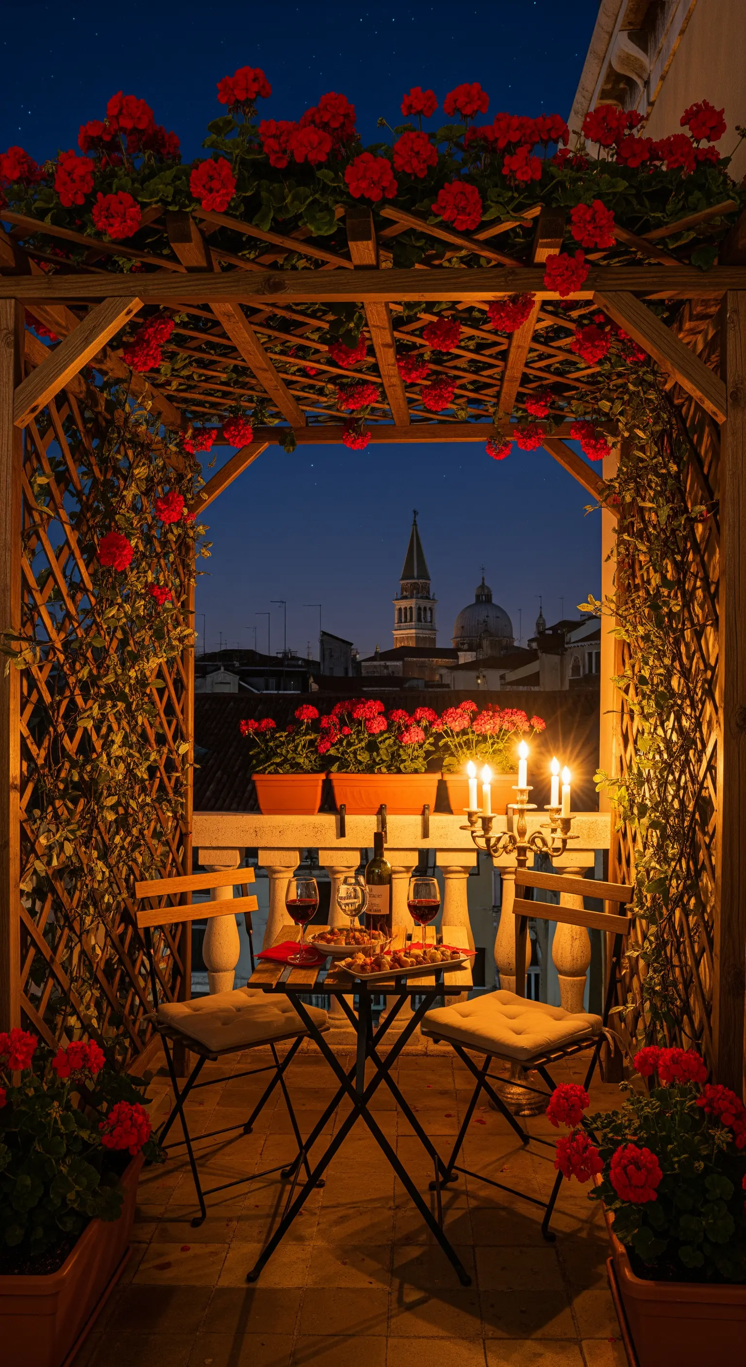 Balkon, Holzpergola, rote Geranien, Kerzenleuchter, Venedigblick