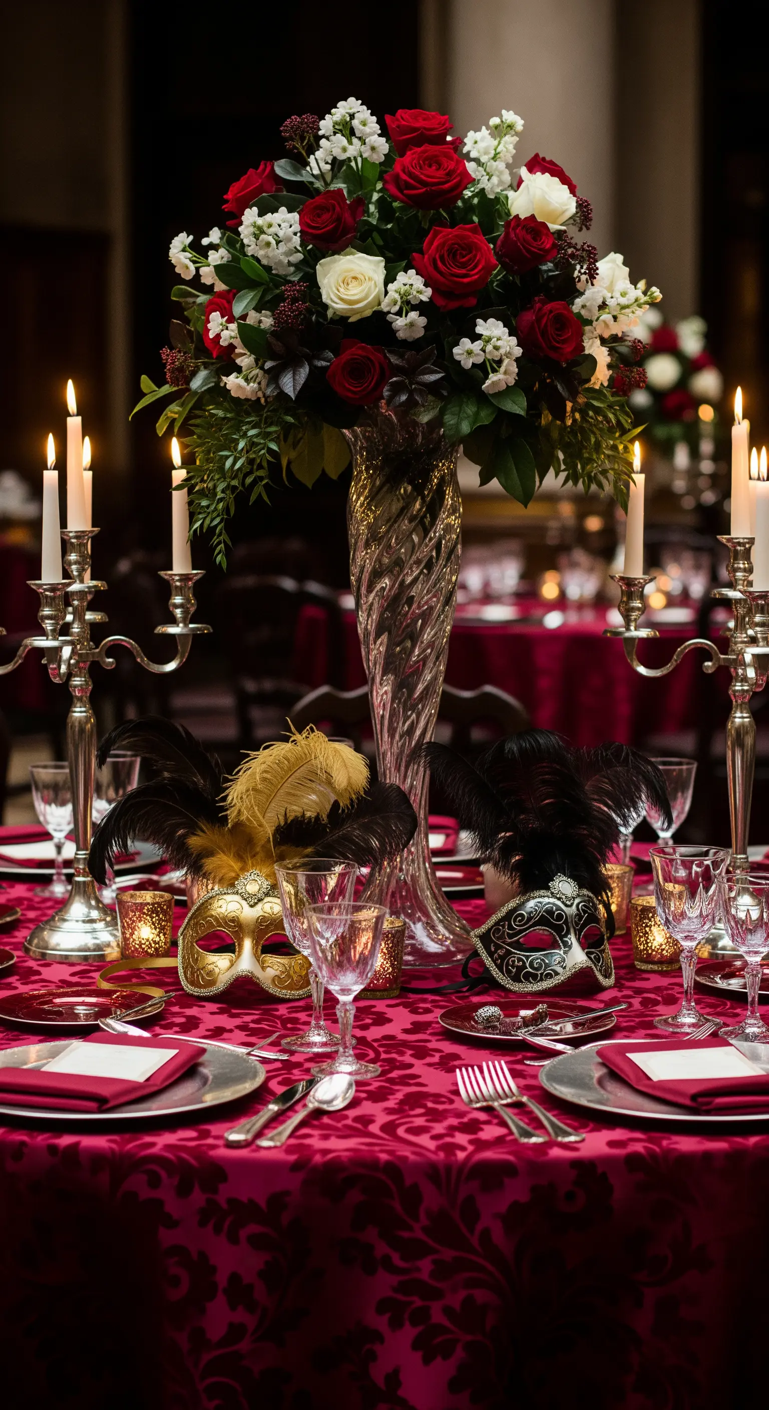 Opulente Tischdeko in Rot mit großem Rosenstrauß und venezianischen Masken.