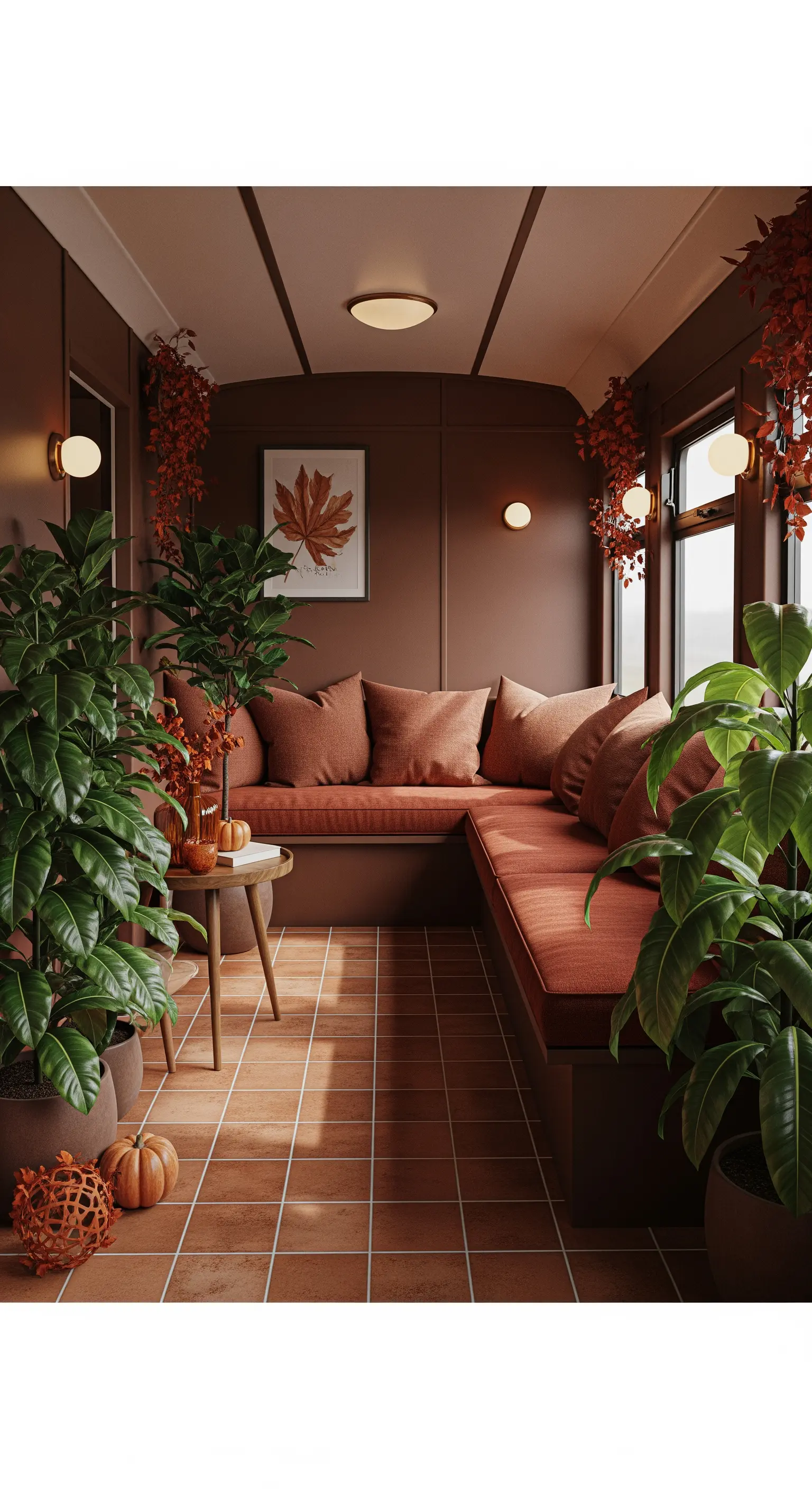 Veranda mit Terrakotta-Sitzbank, vielen Pflanzen und Herbstdeko