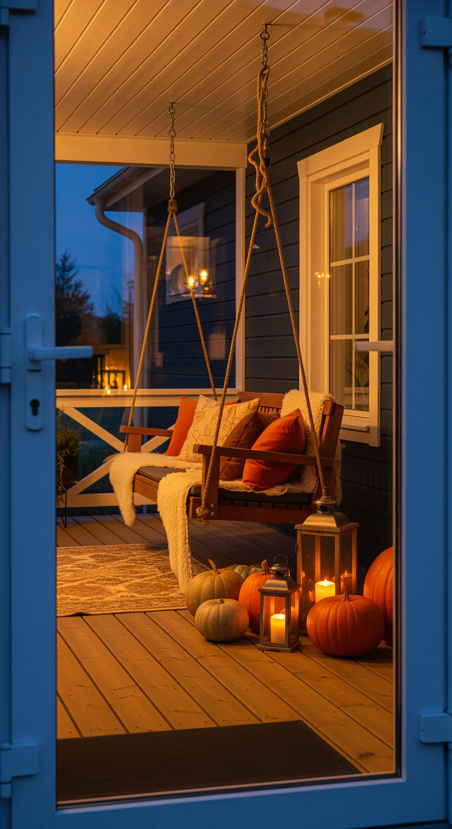 Veranda, Schaukelstuhl, Laternen, Kürbisse, Herbstabend, gemütlich