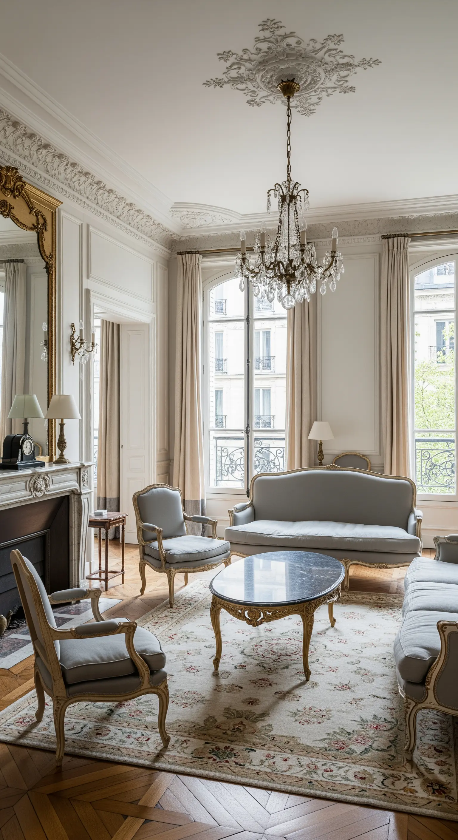 Ovaler Marmortisch in einem klassischen Pariser Apartment mit Stuck und antiken Möbeln.