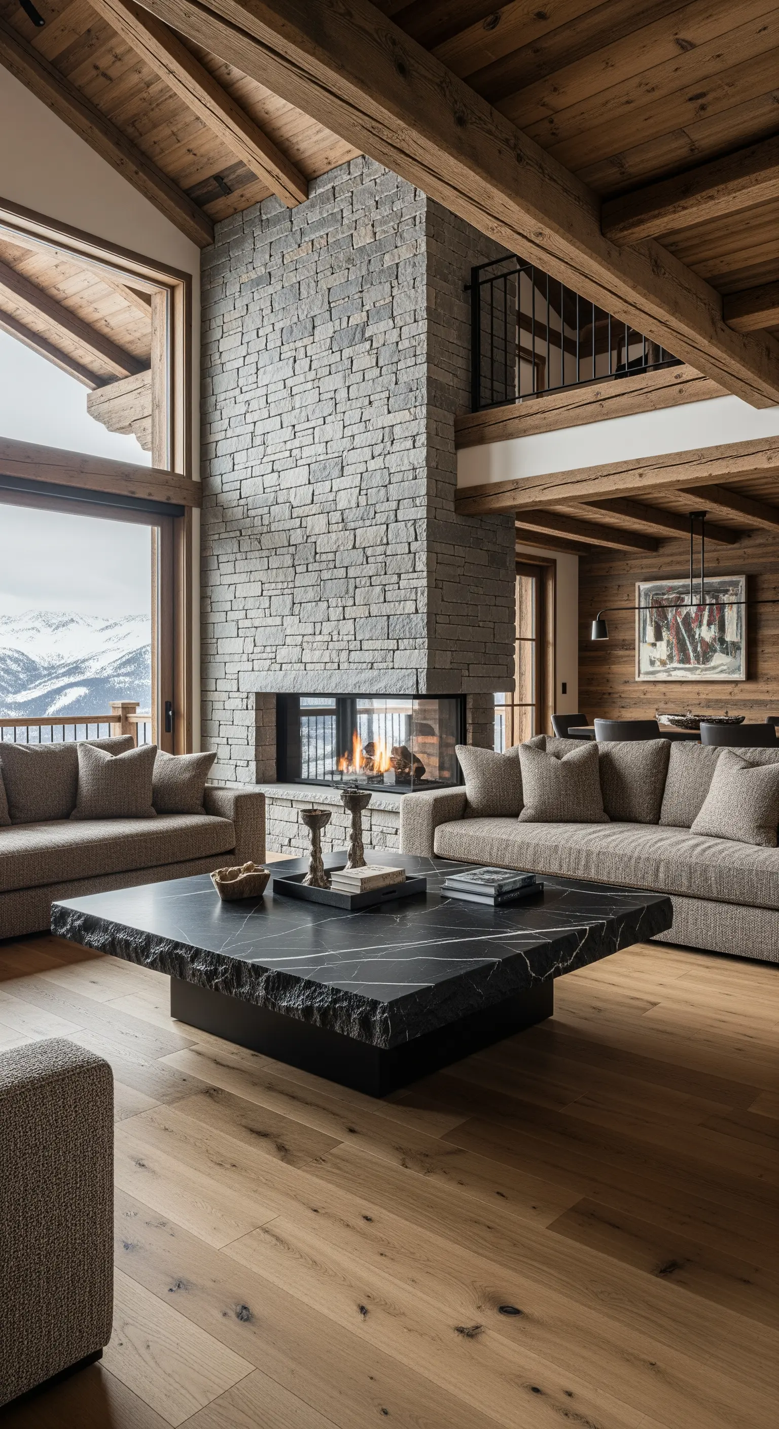 Massiver schwarzer Marmortisch mit rauer Kante in einem rustikalen Chalet mit Steinkamin.