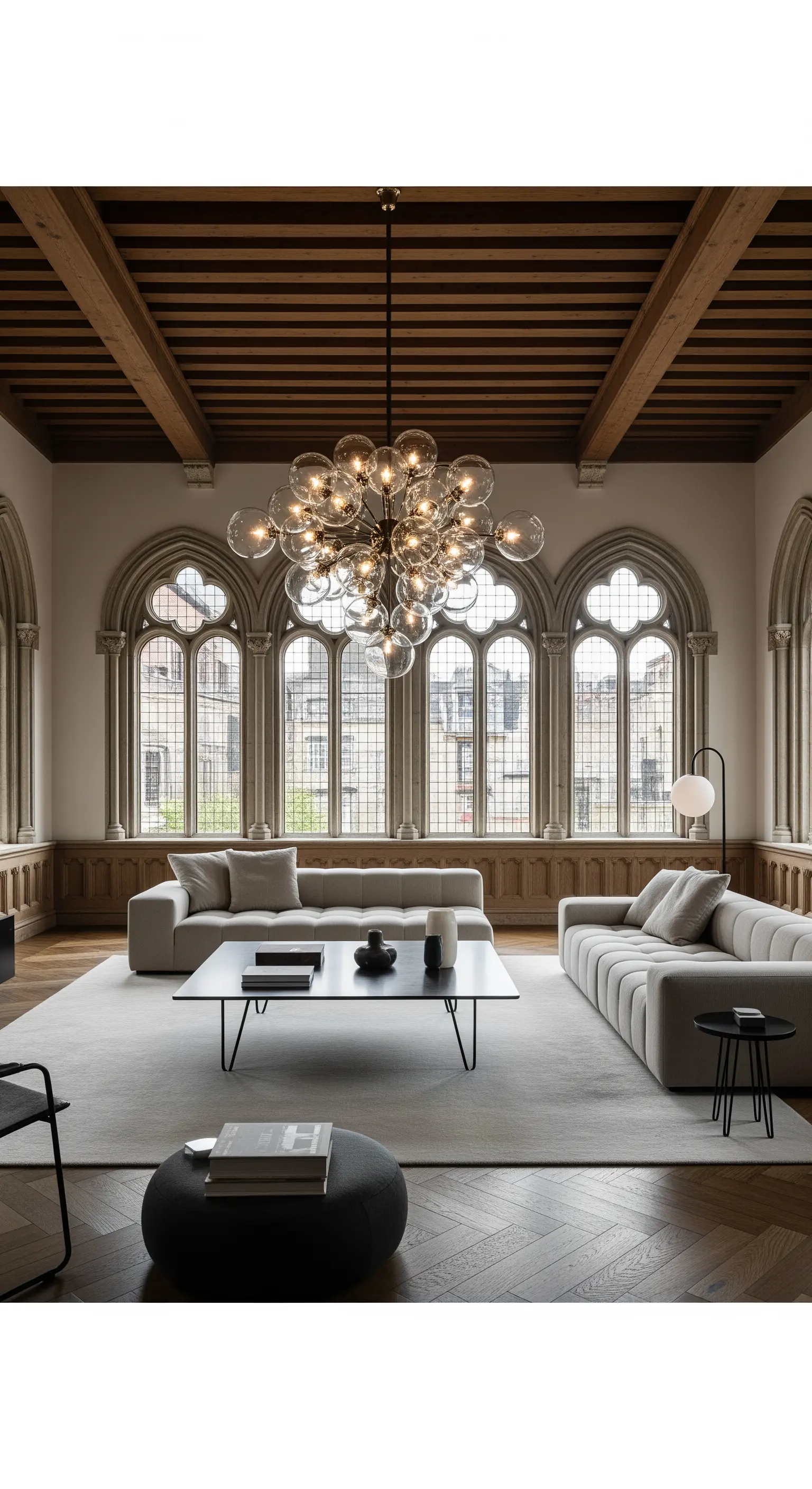 Moderner Glaskugel-Kronleuchter in einem Raum mit gotischen Fenstern und Holzbalkendecke.