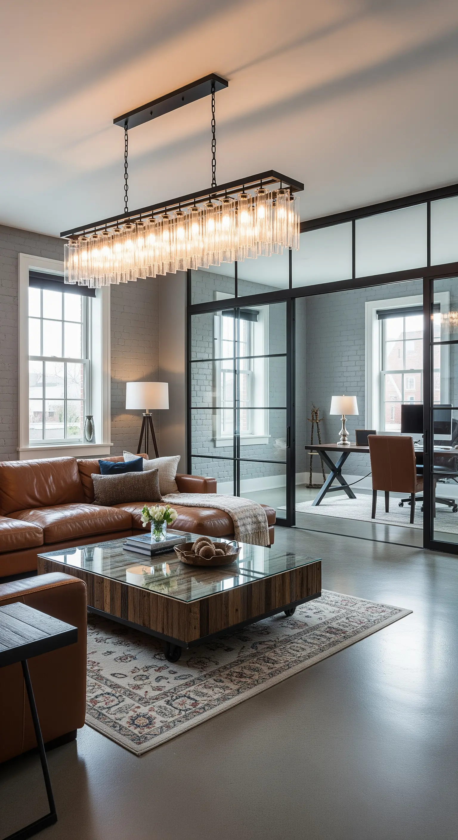 Industrielle Hängeleuchte mit Glaszylindern über einem braunen Ledersofa und Glastisch.