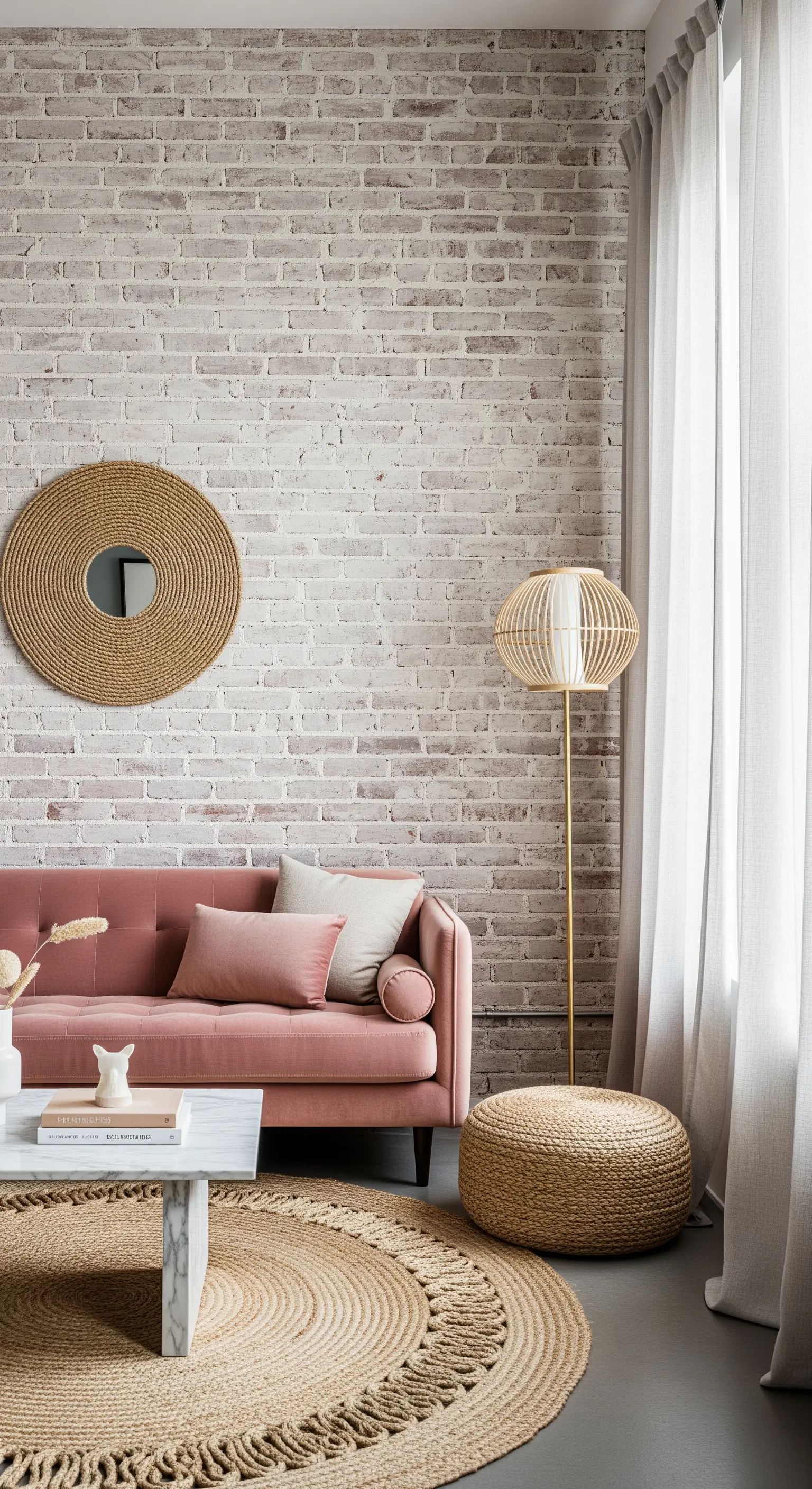 Altrosa Samtsofa vor einer geweißten Backsteinwand, kombiniert mit einem runden Jute-Teppich.