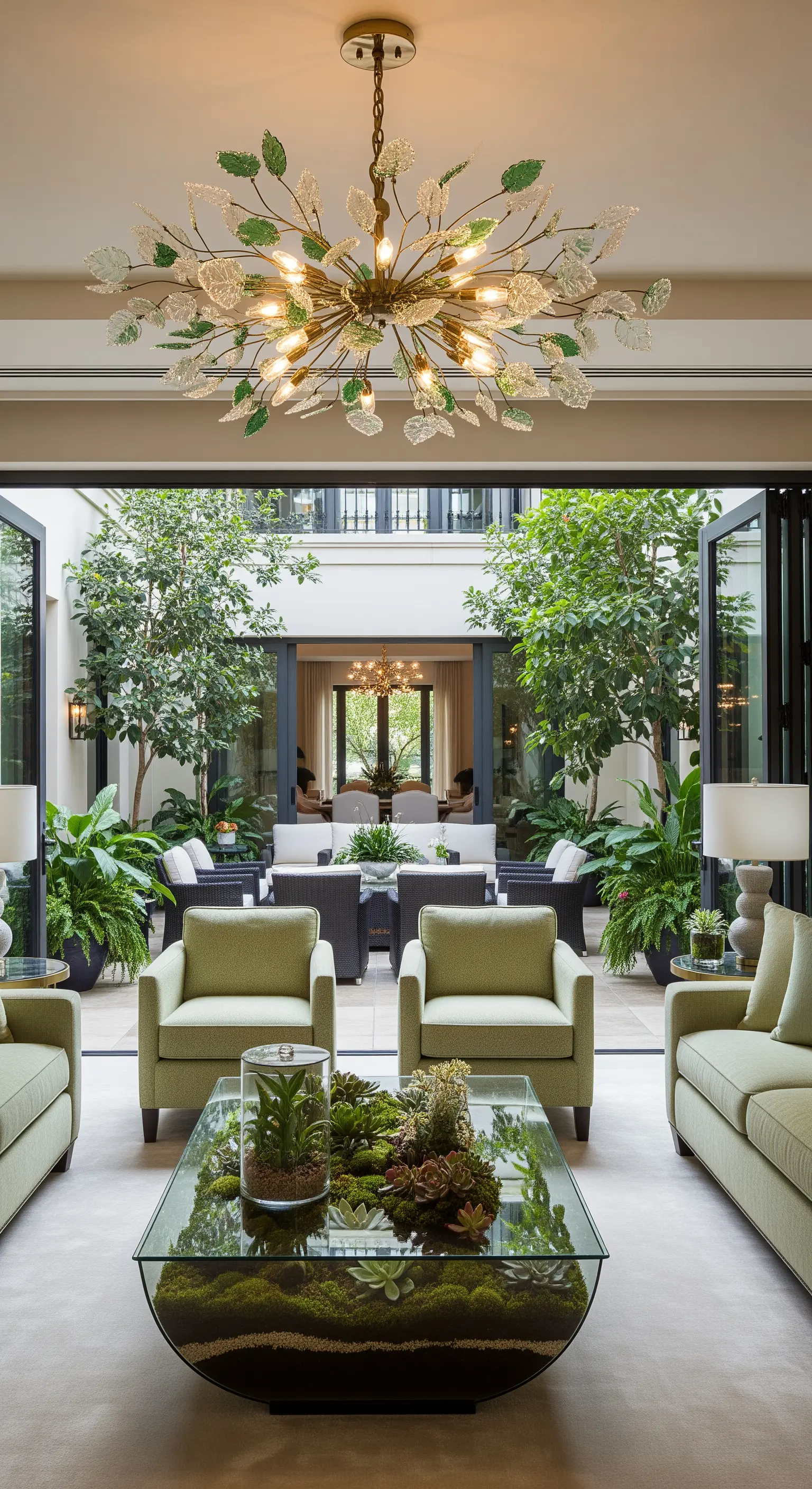 Blattförmiger Kronleuchter in einem Wohnzimmer, das sich zu einem begrünten Innenhof öffnet.