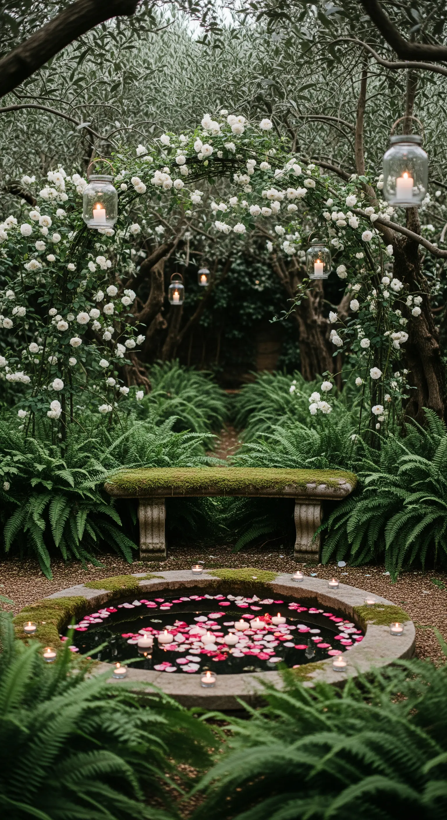 Steinbank unter Rosenbogen, umgeben von Farnen und einem Becken mit Kerzen und Blüten