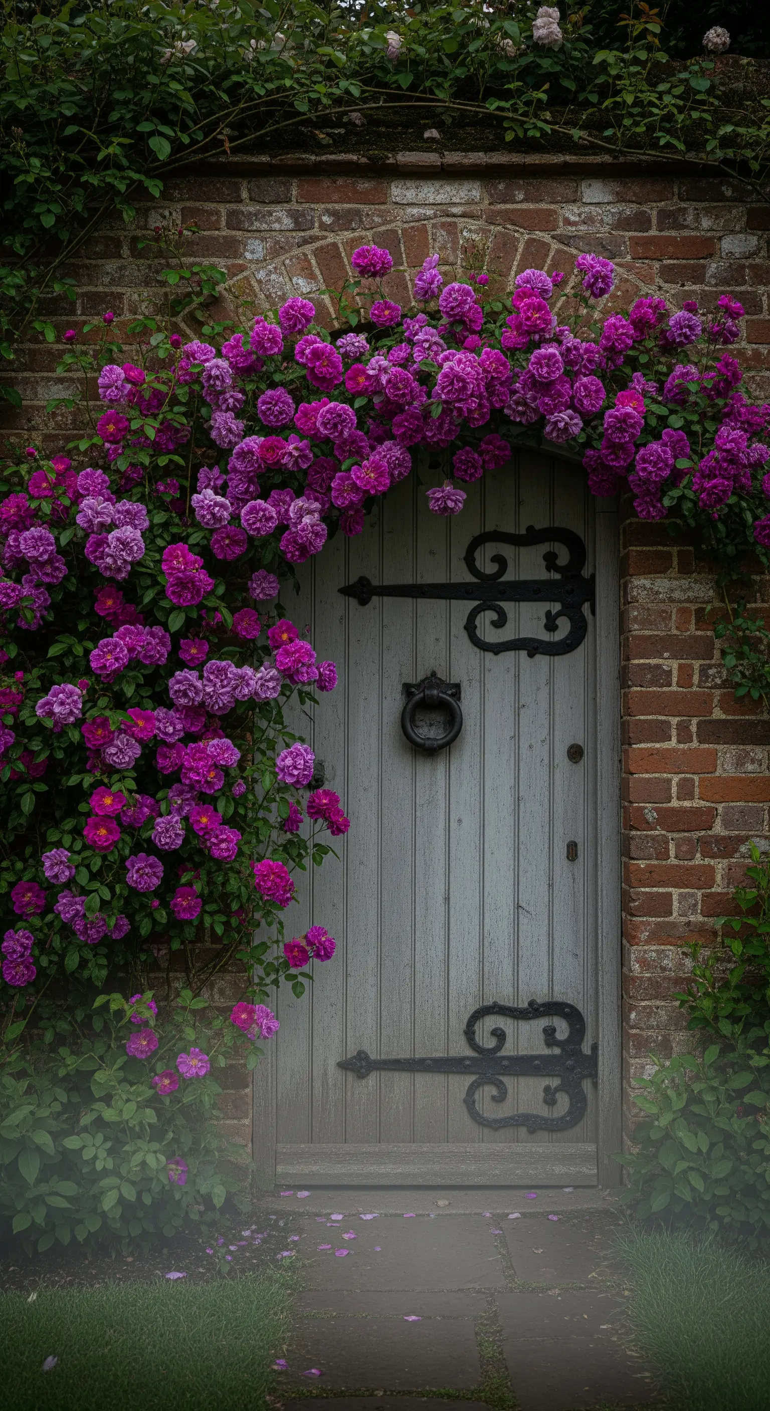 Alte Holztür in Ziegelwand, üppig mit lila Kletterrosen bewachsen.