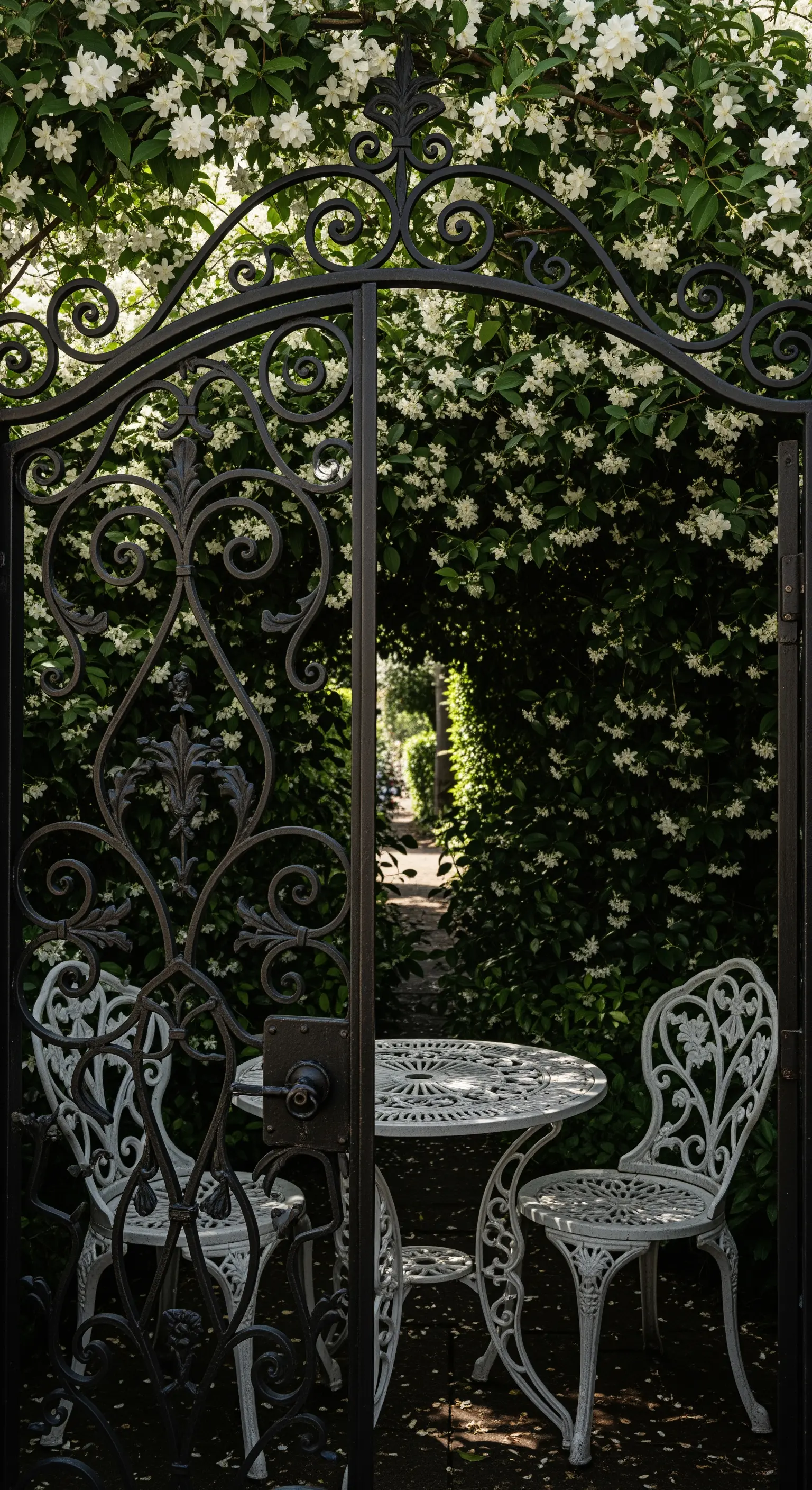 Verziertes Eisentor, umrankt von weißen Blüten, führt zu einem Bistro-Set im Grünen