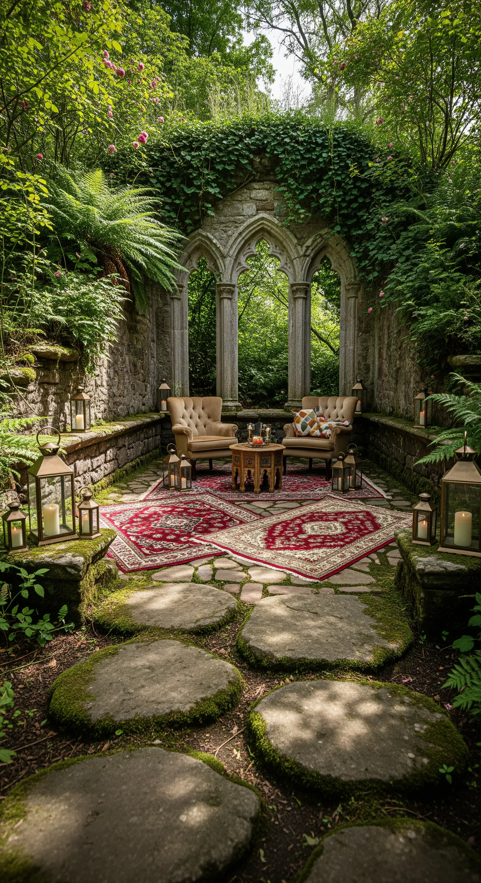 Outdoor-Salon in Steinruine mit Armsesseln, Orientteppich und Laternen