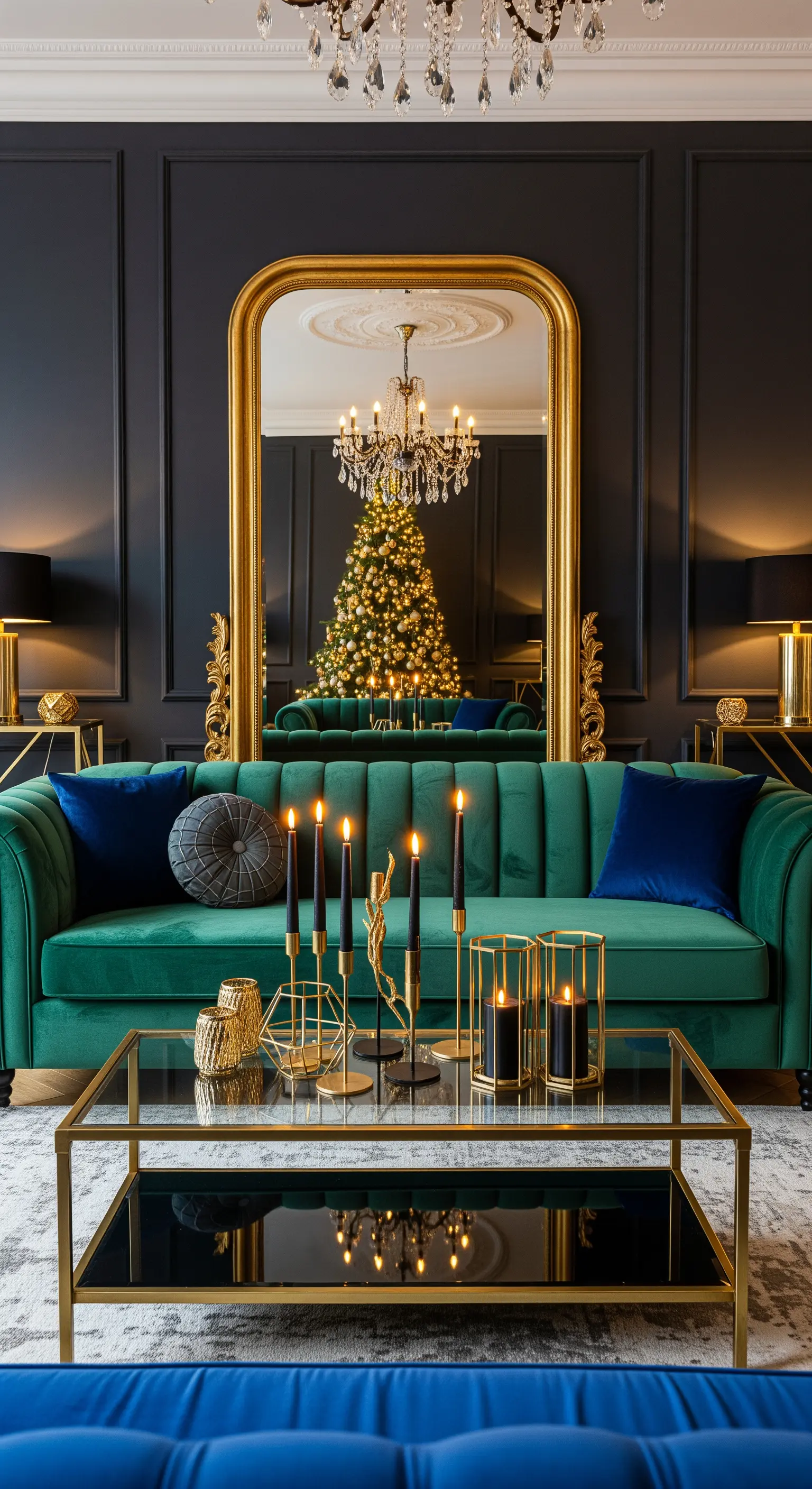 Grünes Samtsofa vor einem großen Goldspiegel, der einen leuchtenden Weihnachtsbaum reflektiert.