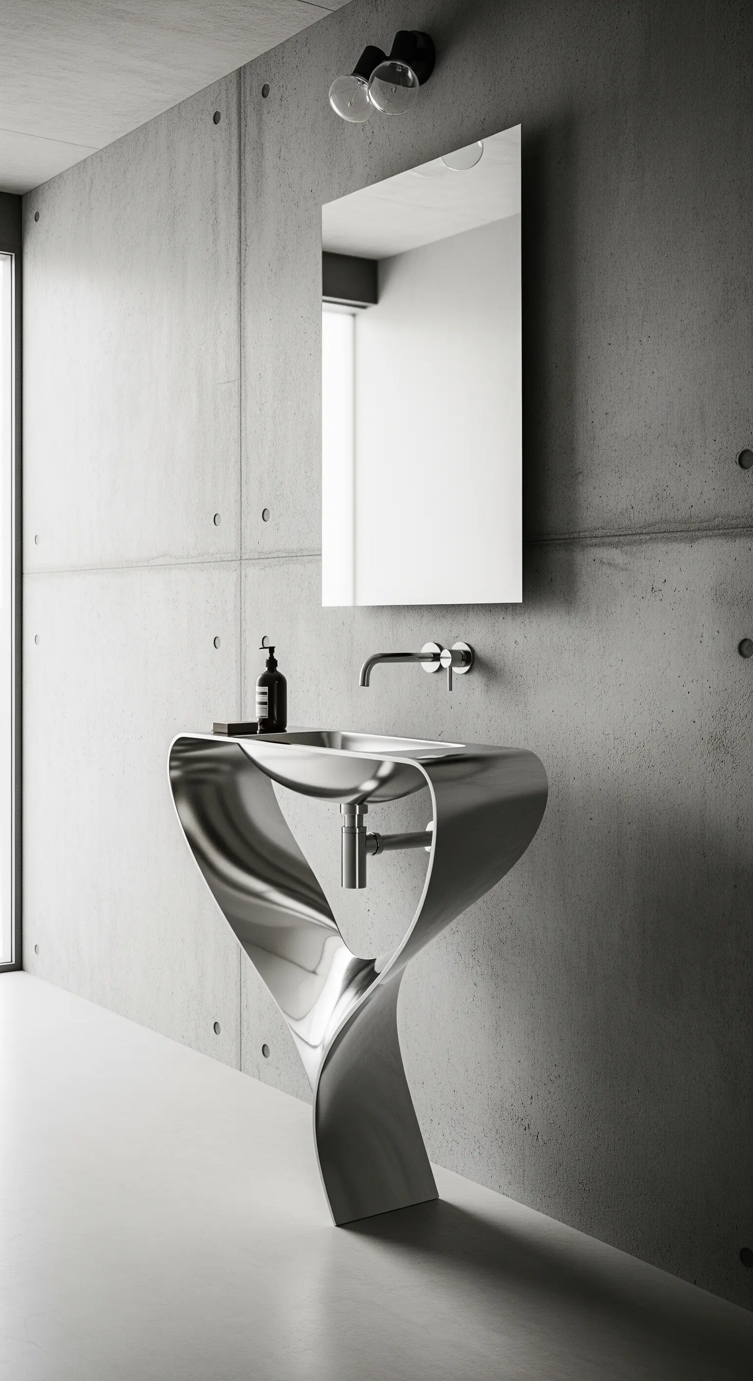 Skulpturales, verdrehtes Waschbecken aus Edelstahl vor einer Wand aus Sichtbeton.