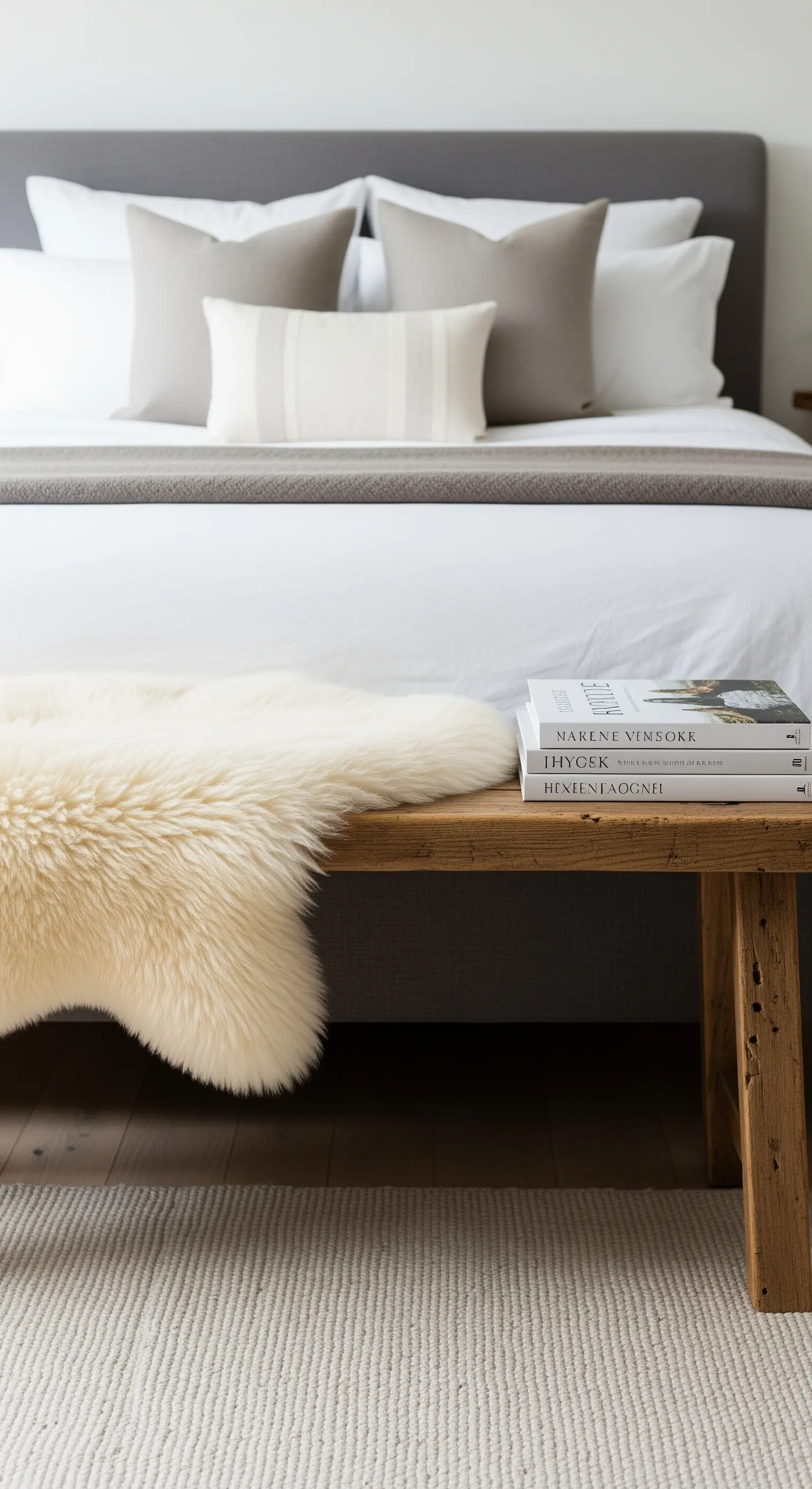 Holzbank am Fußende eines Bettes, lässig mit einem weißen Schaffell dekoriert.