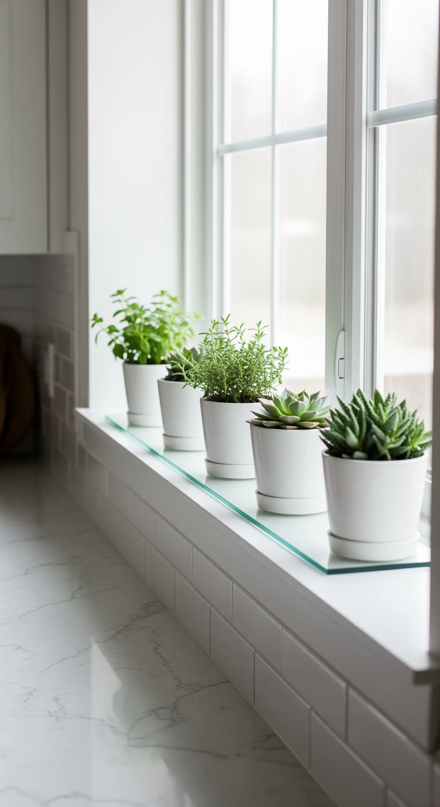 Eine Reihe von Kräutern in identischen weißen Keramiktöpfen auf einer Fensterbank.