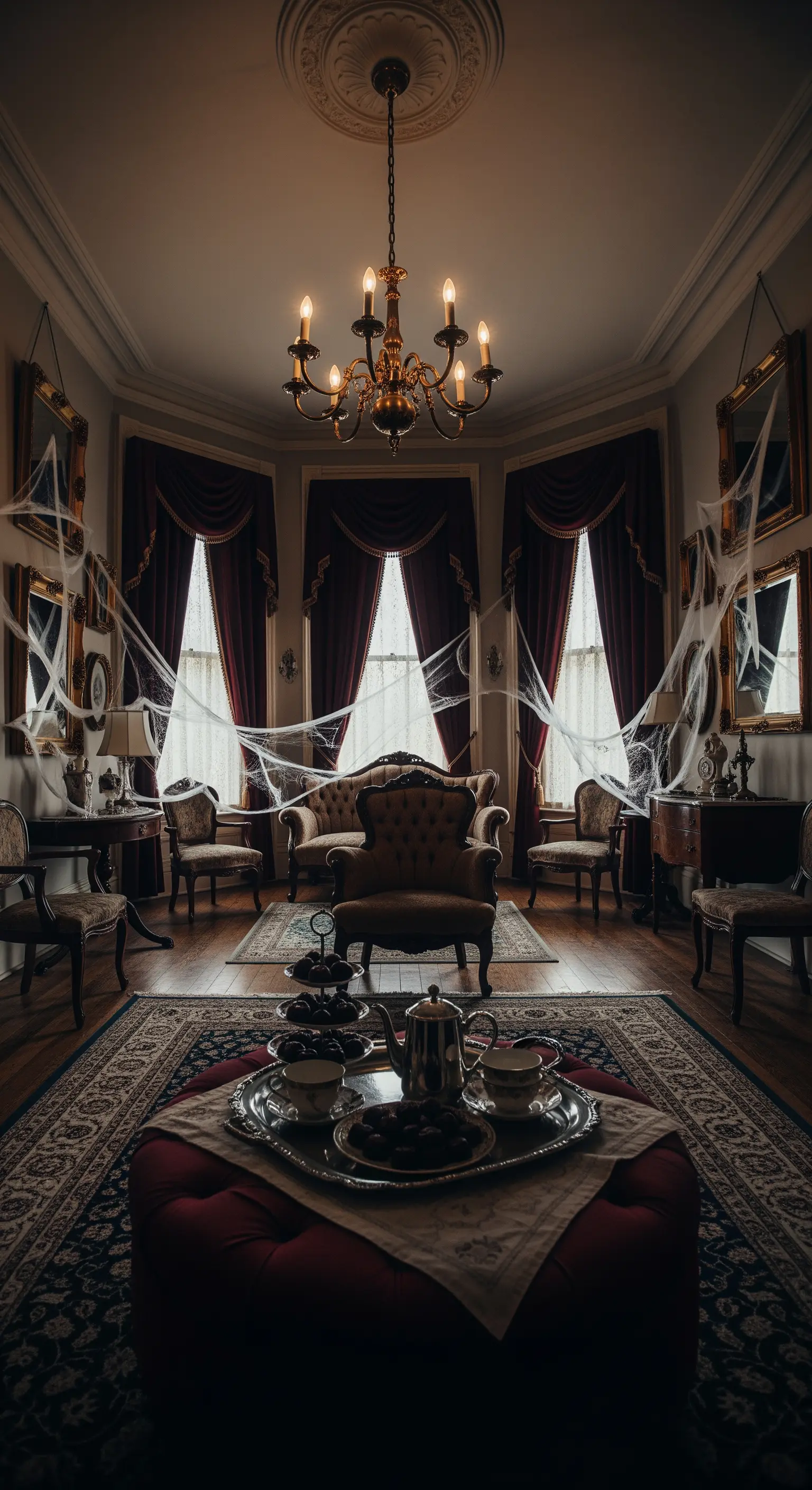 Historisches Wohnzimmer mit Spinnenweben, roten Vorhängen, Kronleuchter und Teetablett auf Ottoman.