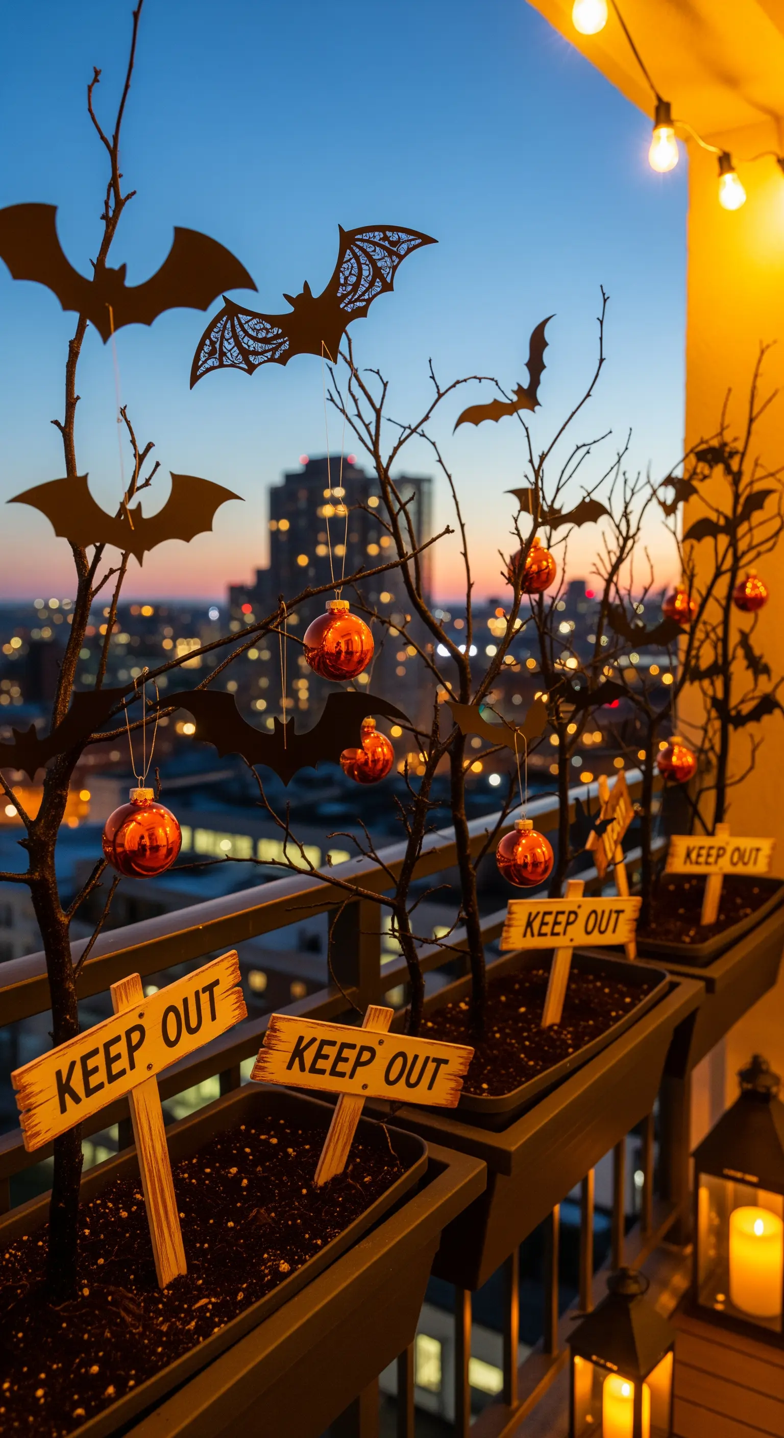 Balkon dekoriert mit kahlen Baumkübeln, Fledermäusen, orangefarbenen Kugeln und 'Keep Out' Schildern.