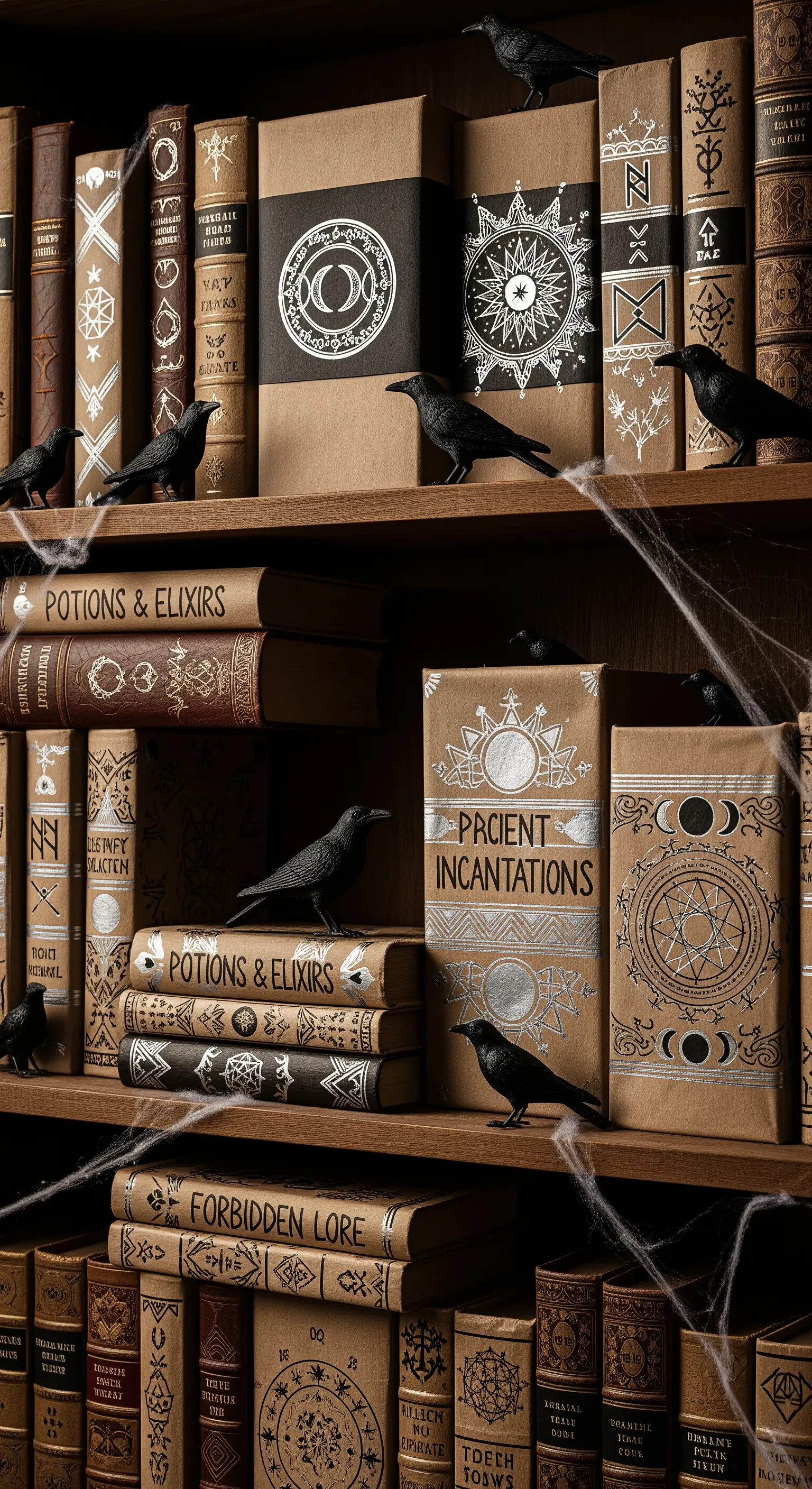 Bücherregal Deko mit verpackten Büchern, okkulten Symbolen, Raben und Spinnweben.