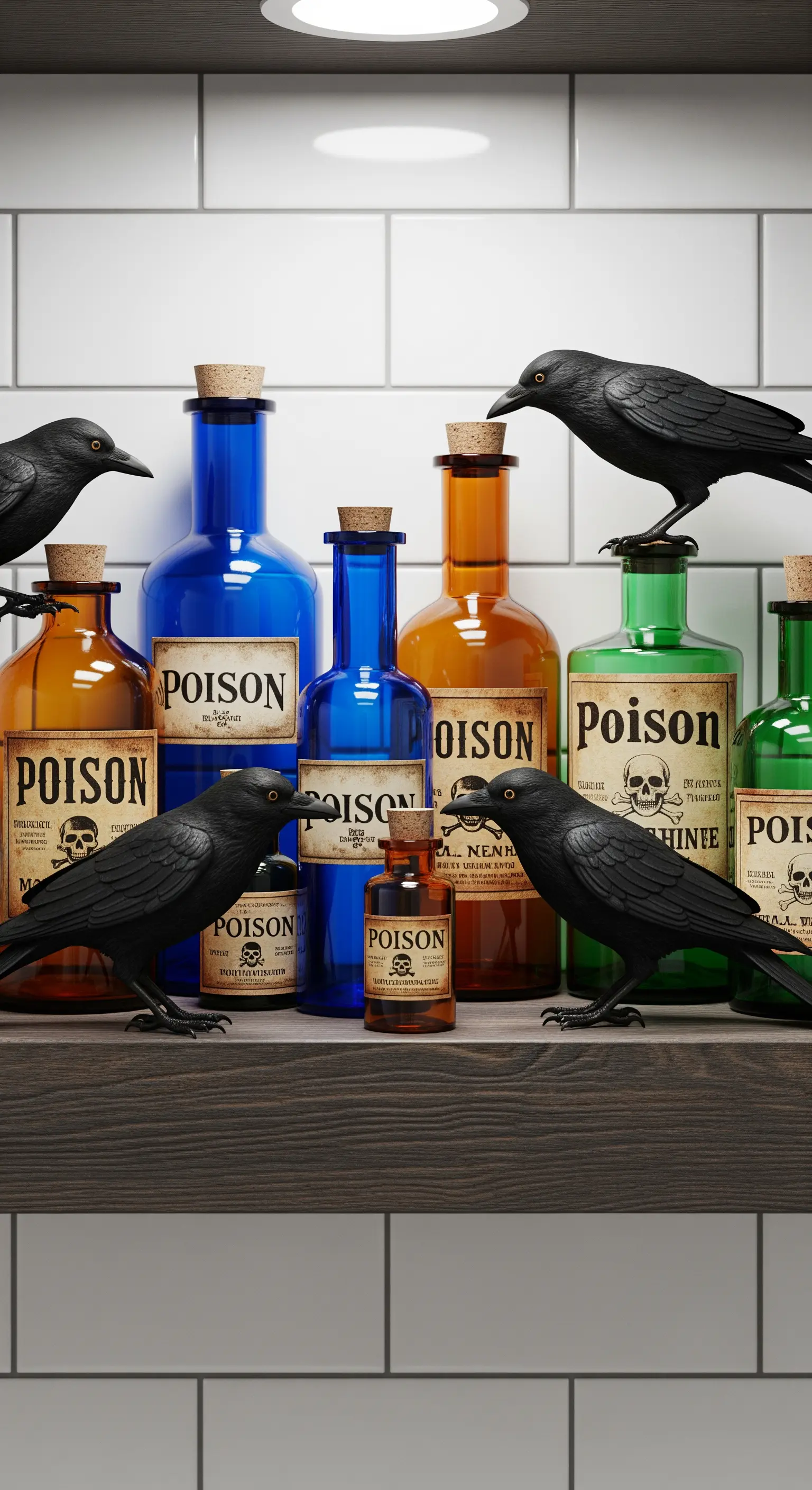 Regal mit bunten 'Poison'-Flaschen und schwarzen Raben-Figuren