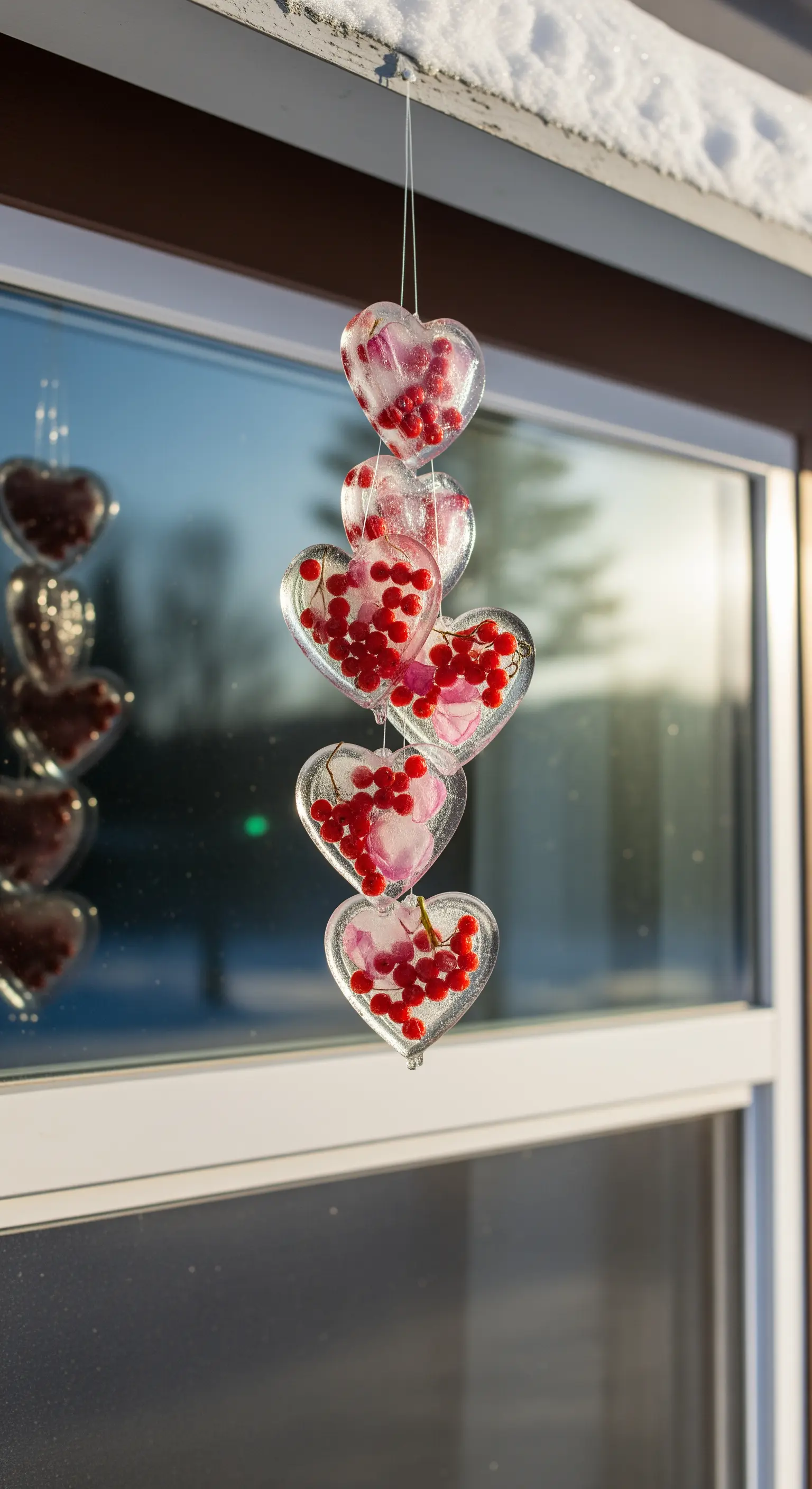 Girlande aus gefrorenen Eisherzen mit eingeschlossenen roten Beeren, die draußen im Winter hängt.