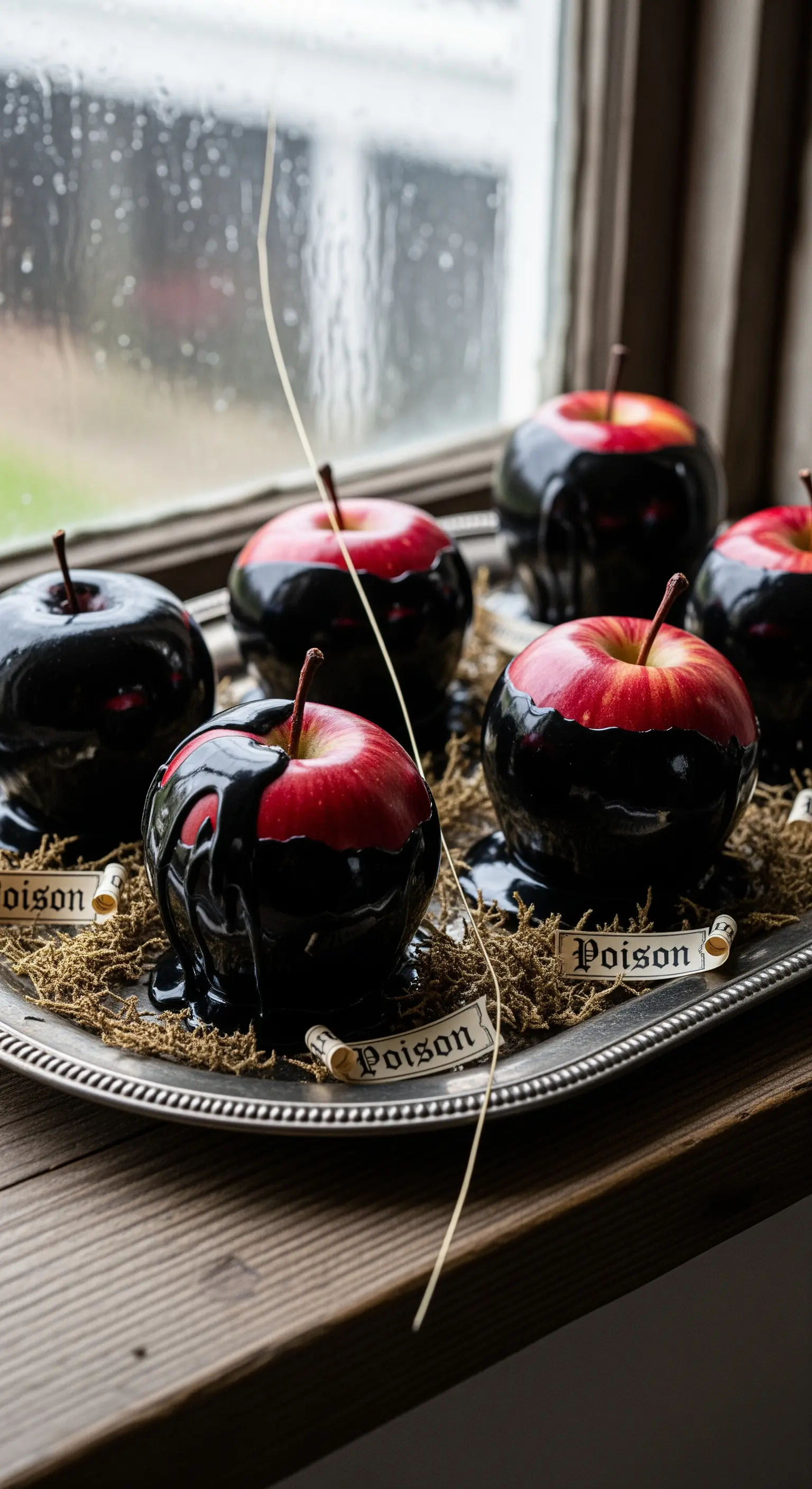 Halloween Deko mit roten Äpfeln in schwarzer Glasur und