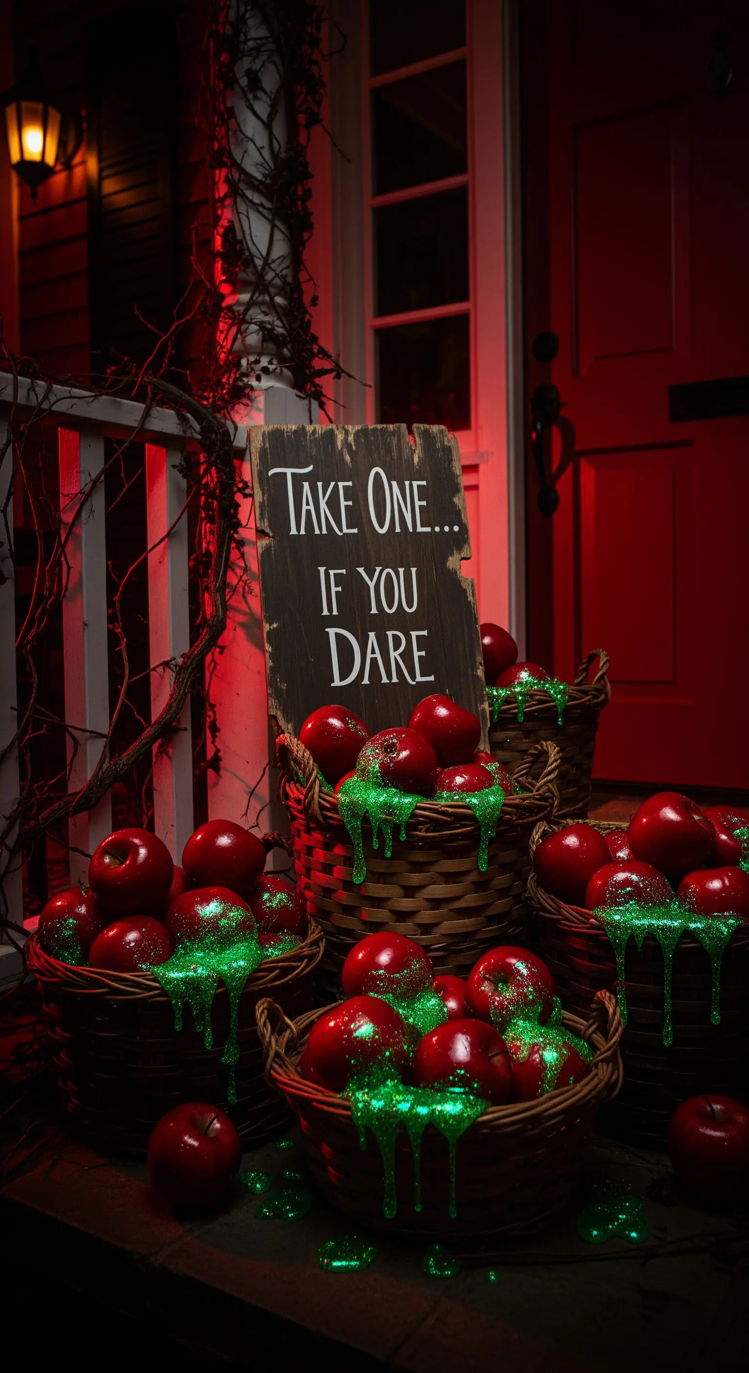 Körbe voller roter Äpfel mit grünem Glitter-Schleim und einem Warnschild vor rotem Hintergrund.