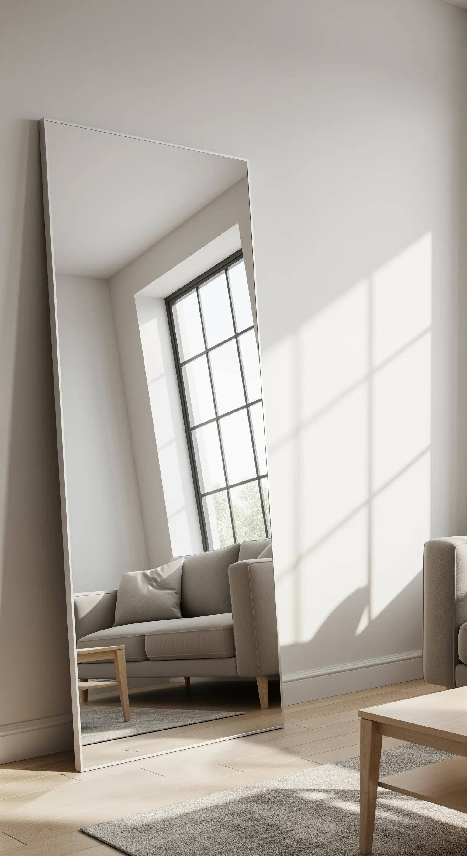 Ein großer, rahmenloser Spiegel lehnt an der Wand und reflektiert das Licht eines Fensters.