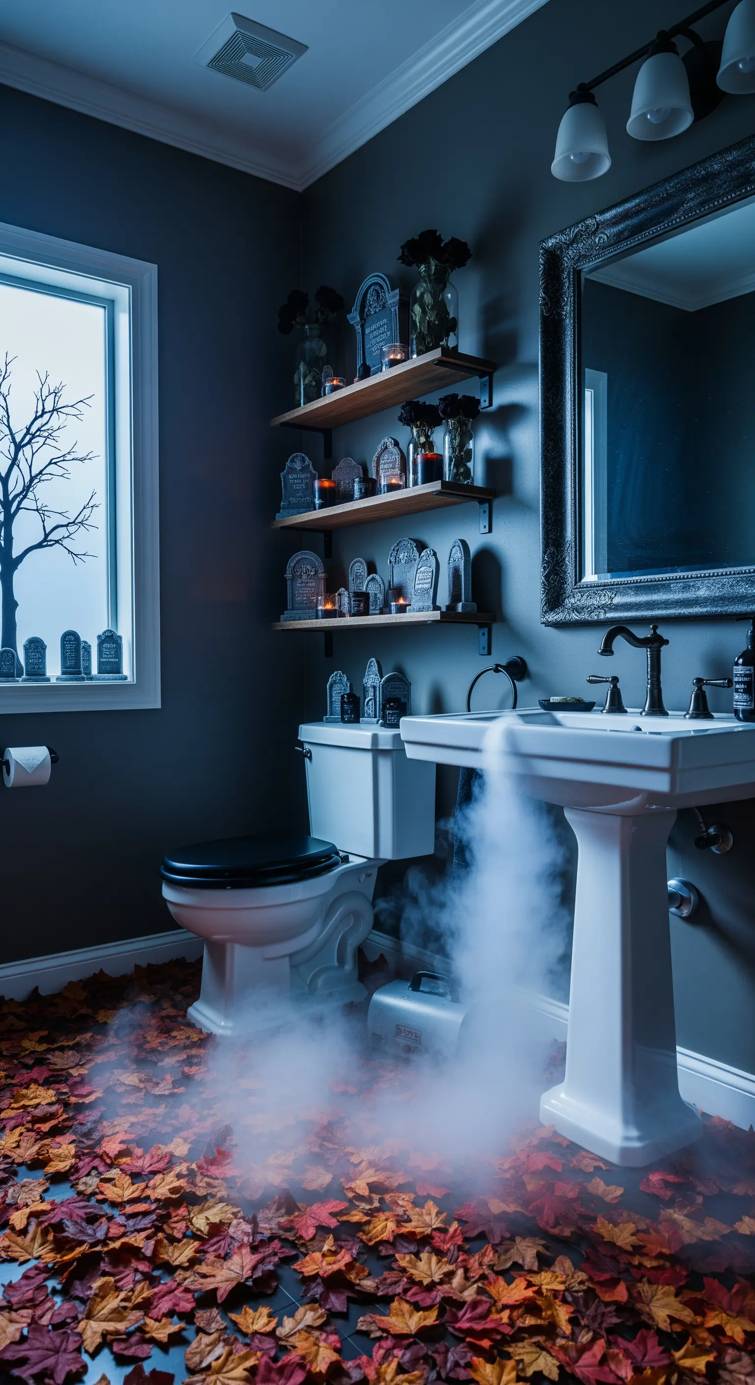 Badezimmer als Friedhof mit Herbstlaub, Nebel, Grabsteinen auf Regalen und Fensterbild