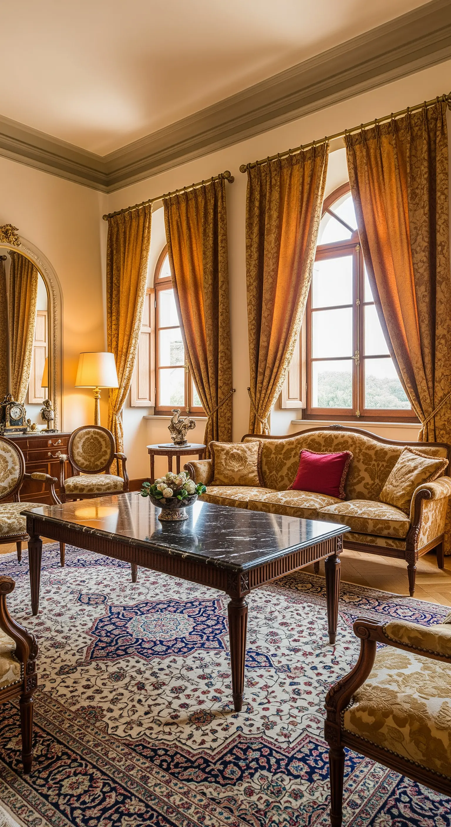 Rechteckiger Tisch mit schwarzer Marmorplatte in einem klassischen Salon mit Brokatsofa.