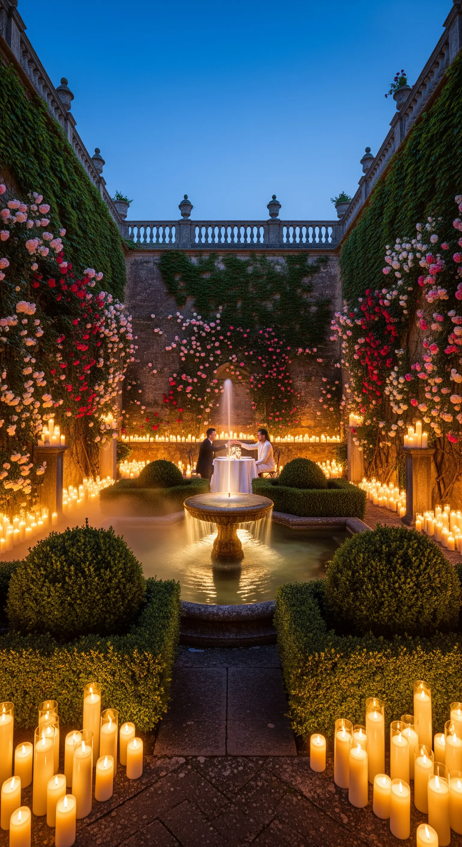 Gartenhof mit unzähligen Kerzen, Brunnen, Kletterrosen und Esstisch für zwei