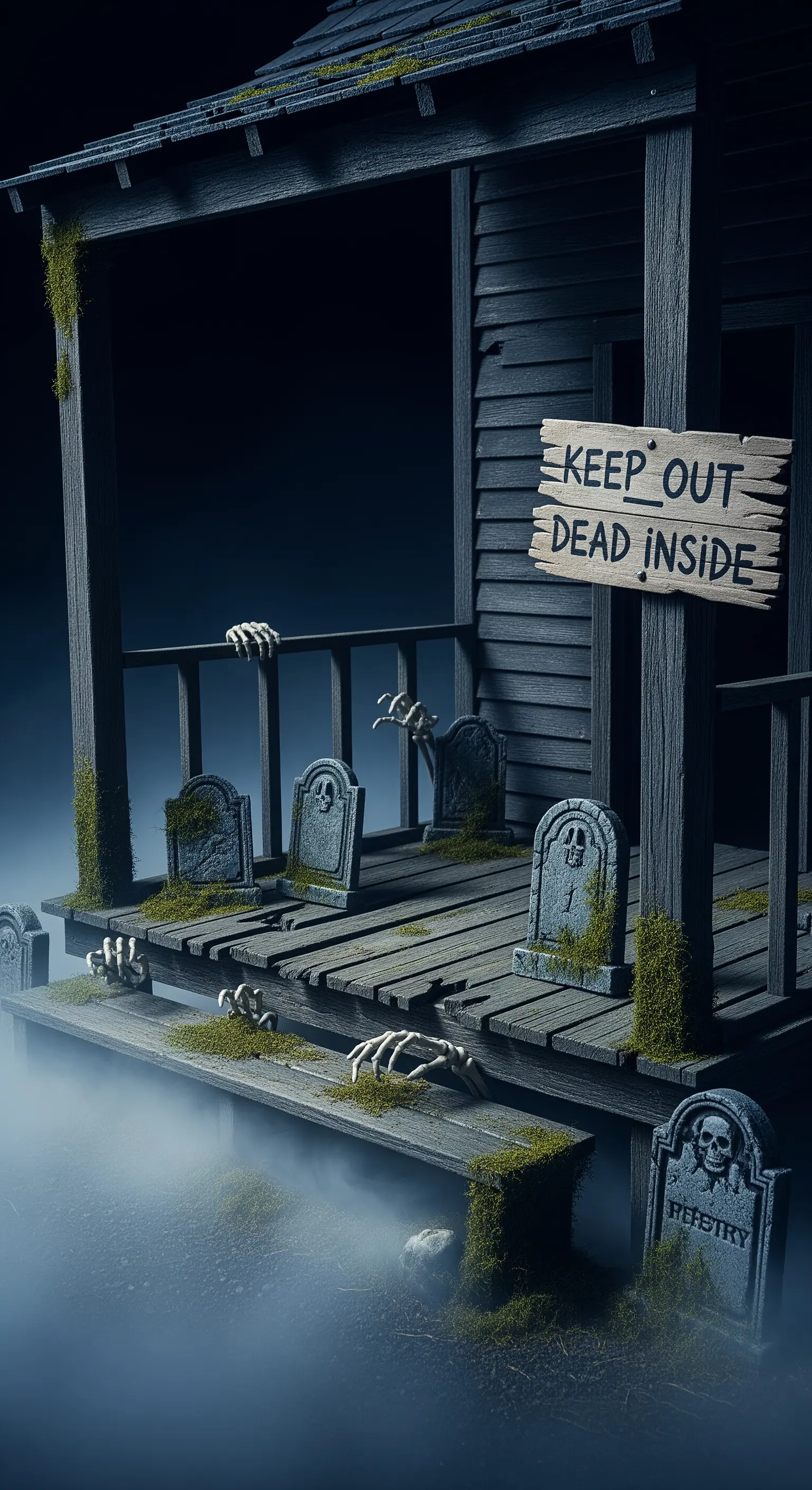 Verrottende Holzveranda mit Mini-Grabsteinen, Skeletthänden und mystischem Bodennebel.