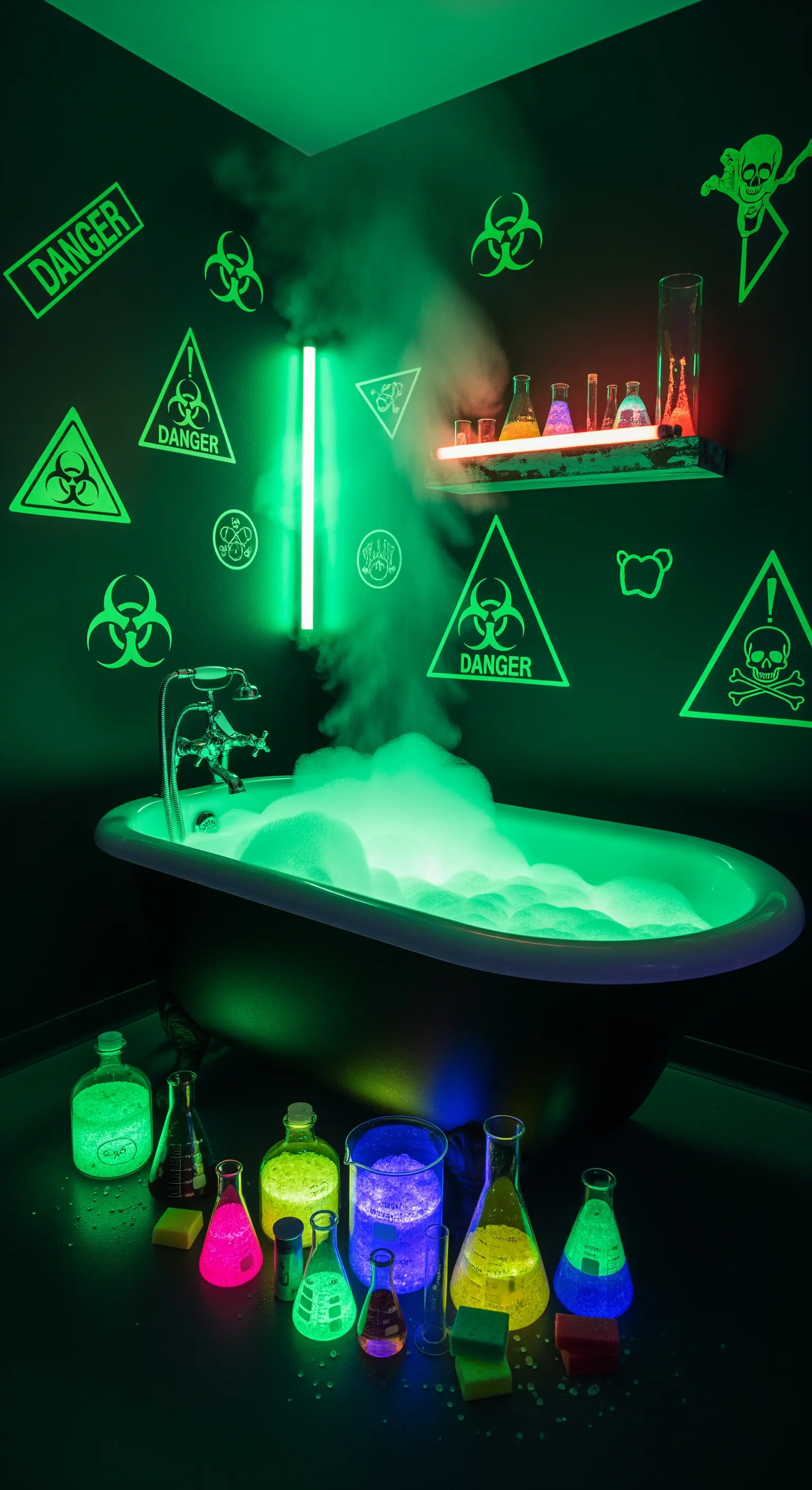 Badezimmer als verrücktes Labor mit neon-grünem Licht, Warnsymbolen und leuchtenden Fläschchen