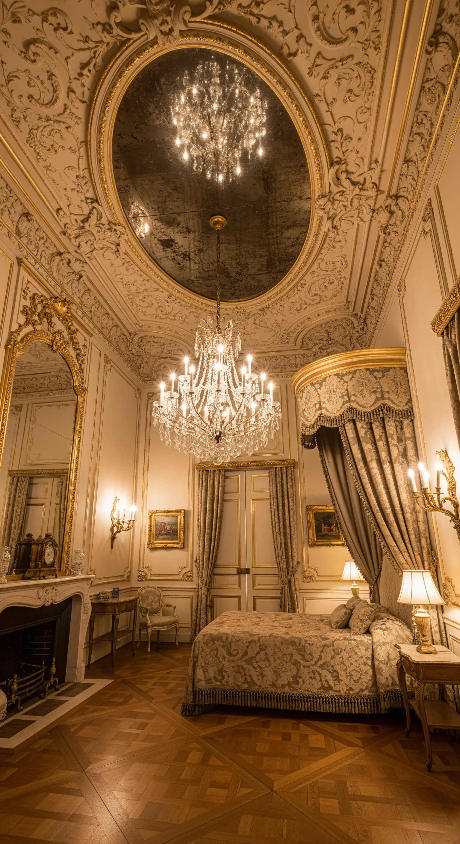 Opulentes, barockes Schlafzimmer im Versailles-Stil mit Stuck, Gold und einem ovalen Deckenspiegel.