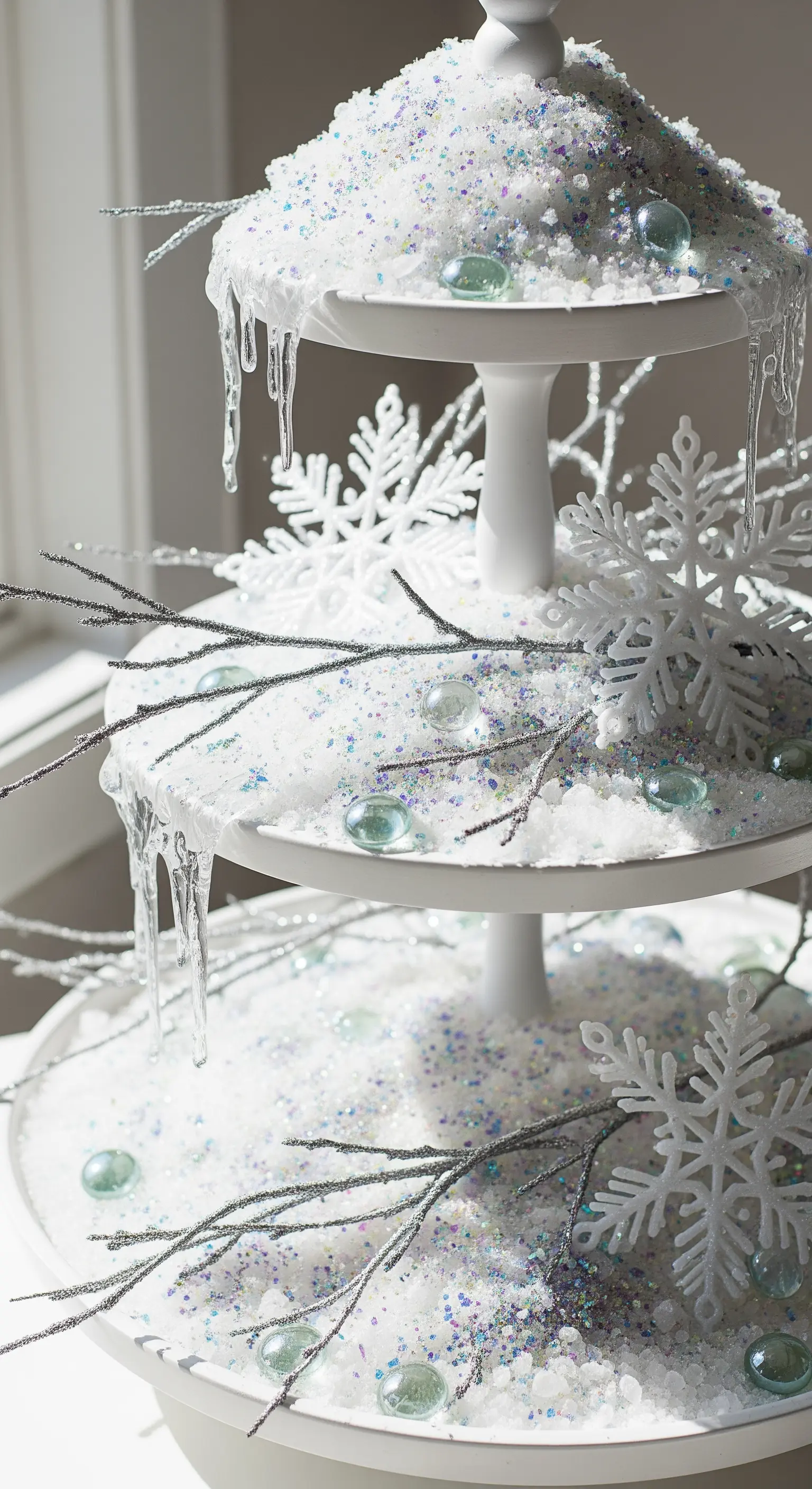 Weiße Etagere als verschneite Landschaft mit Kunstschnee, Glitzer und Eiszapfen.