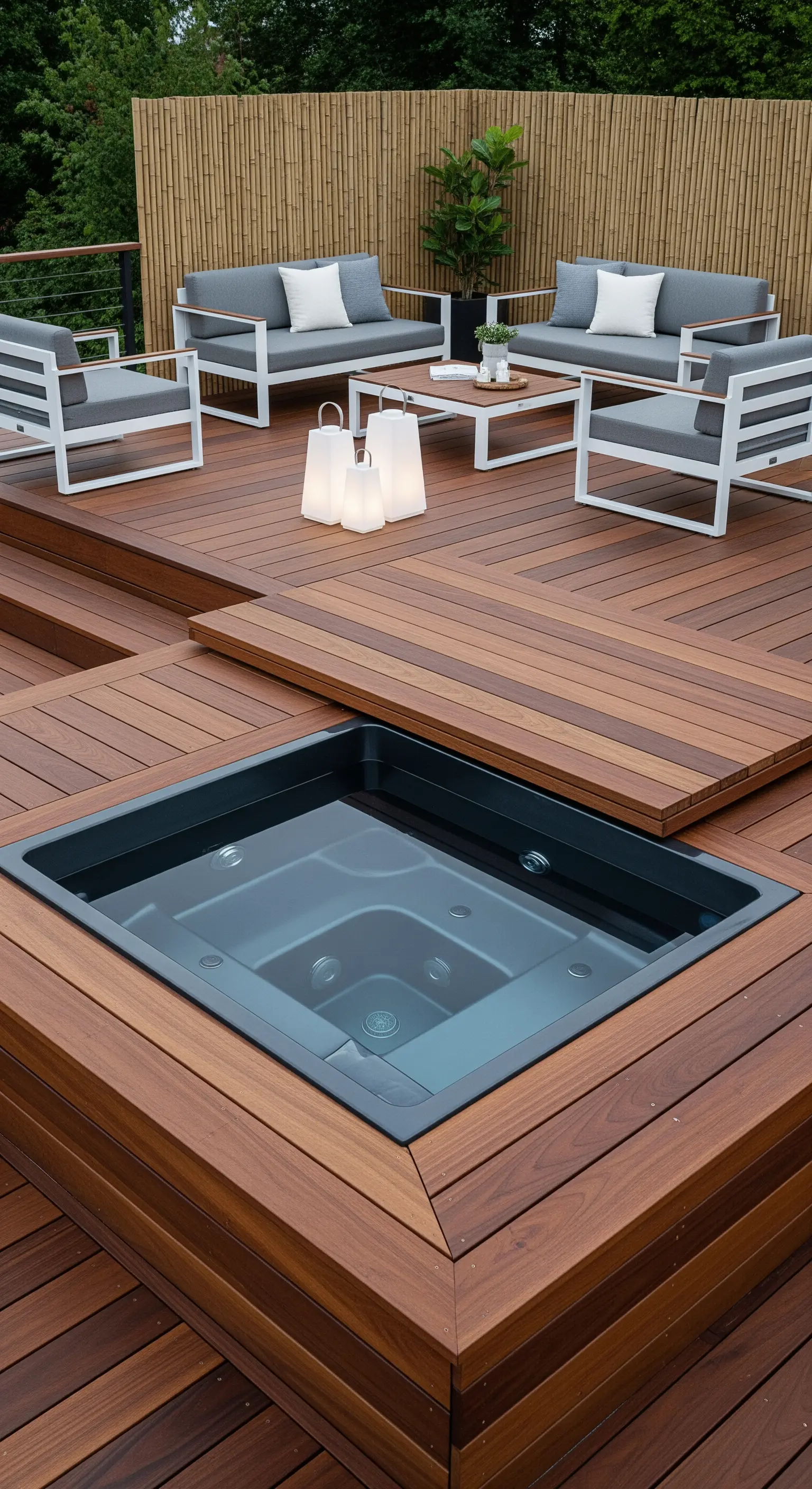 In eine mehrstufige Holzterrasse eingelassener Whirlpool mit passender Abdeckung und Loungebereich.
