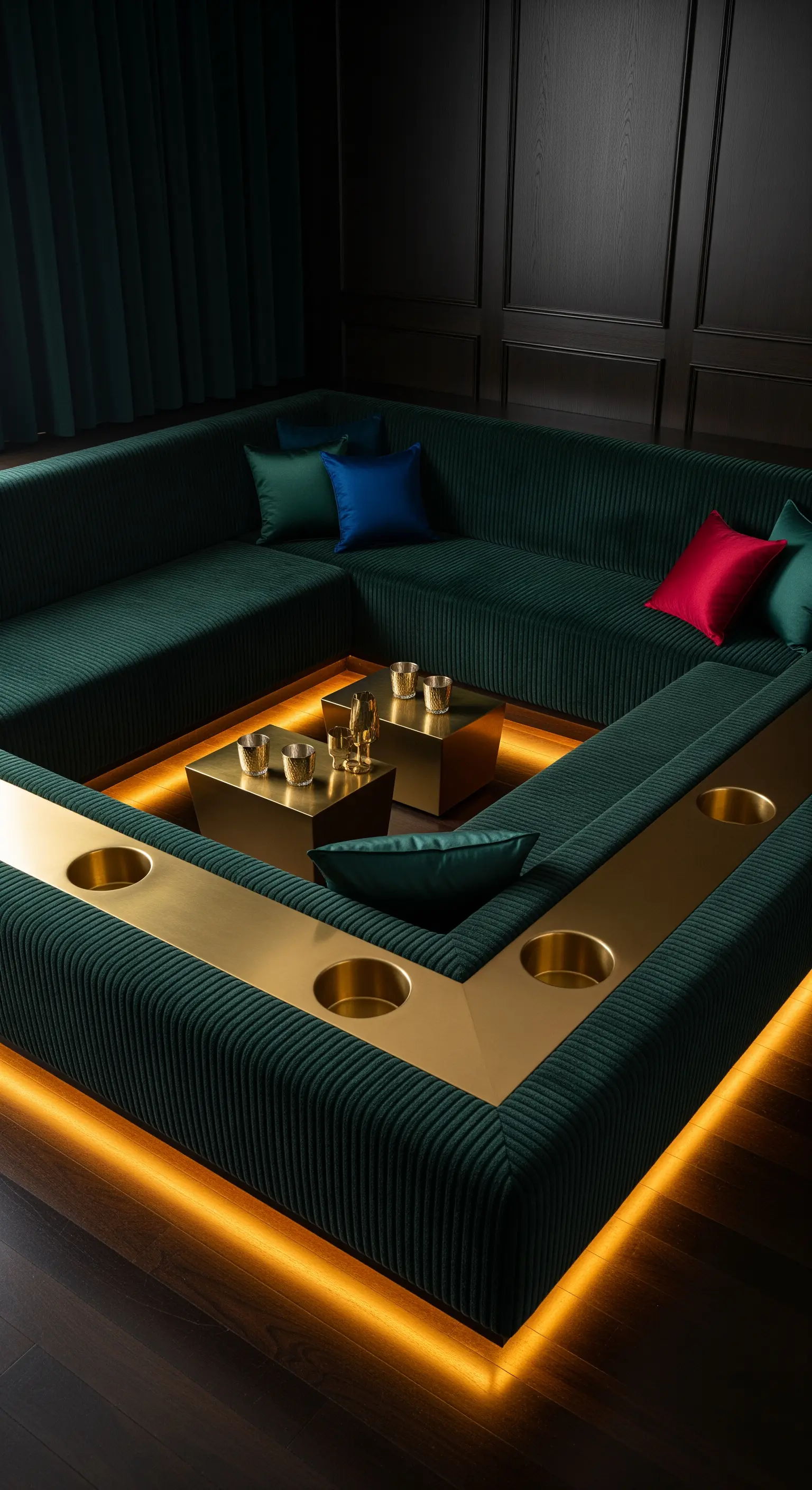 Versenkter Lounge-Bereich, grünes Samtsofa, leuchtende Messing-Bar, Holzboden