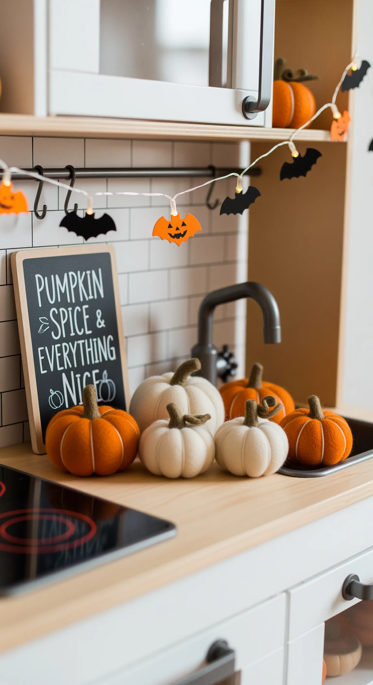 Eine dekorierte Spielküche aus Holz mit kleinen Stoffkürbissen und einer Fledermaus-Lichterkette.