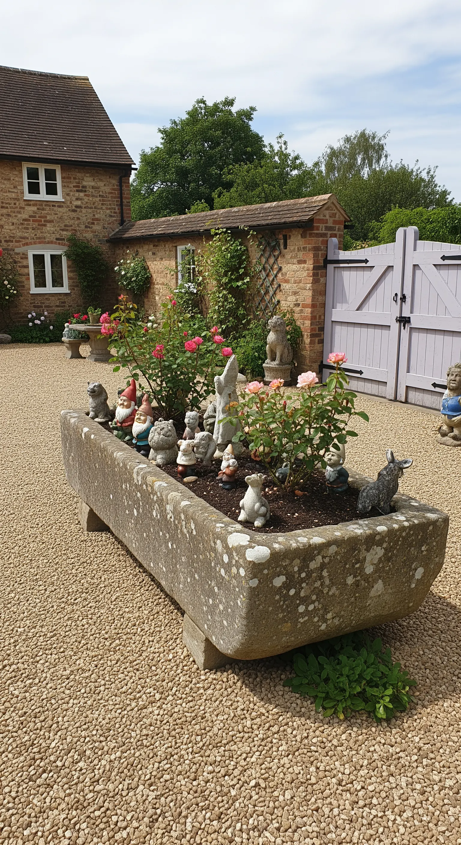 Steintrog mit Rosen und Gartenzwergfiguren auf Kiesweg