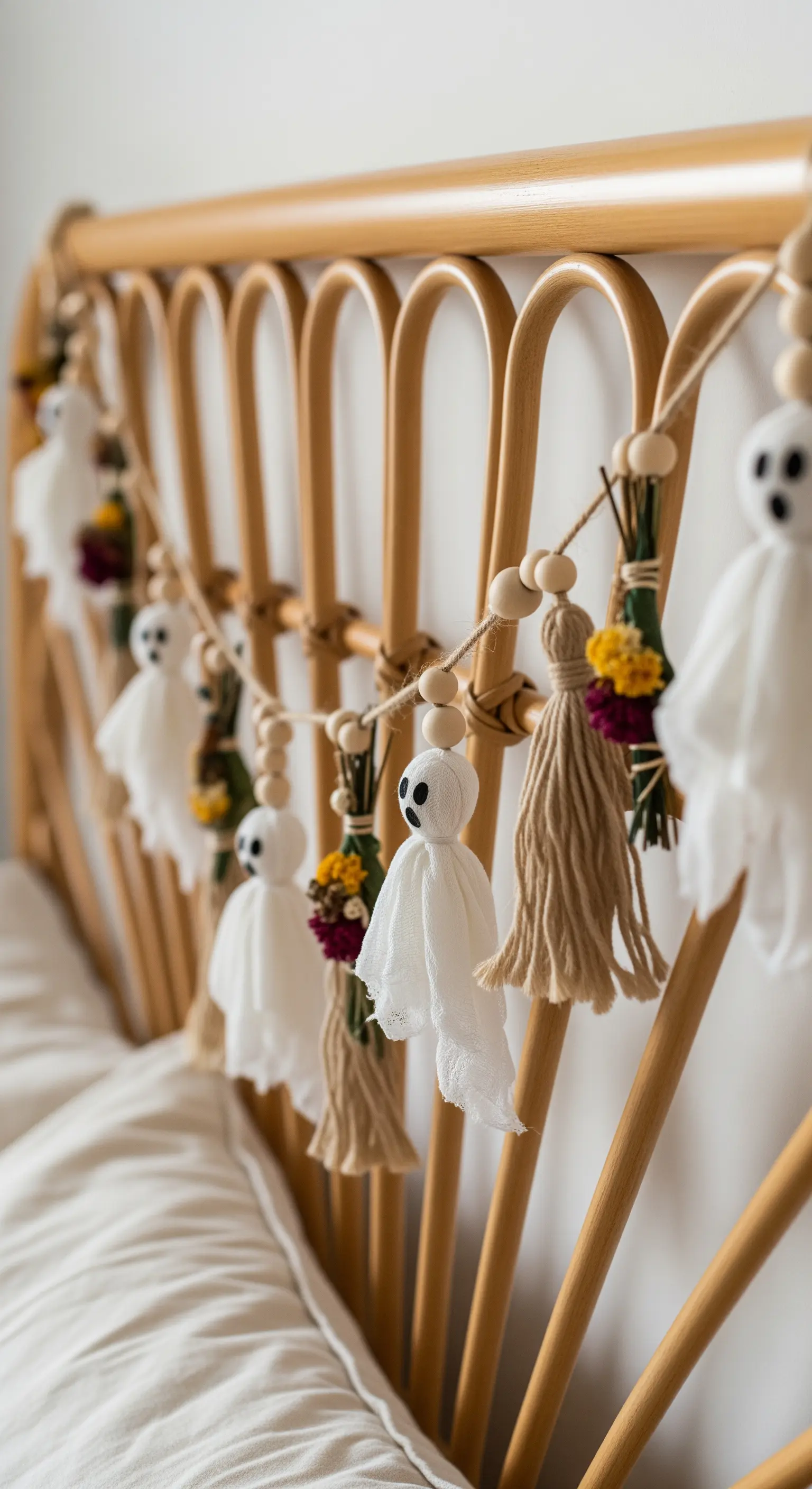 Handgemachte Girlande mit Stoffgeistern, Quasten und Trockenblumen am Bett-Kopfteil.