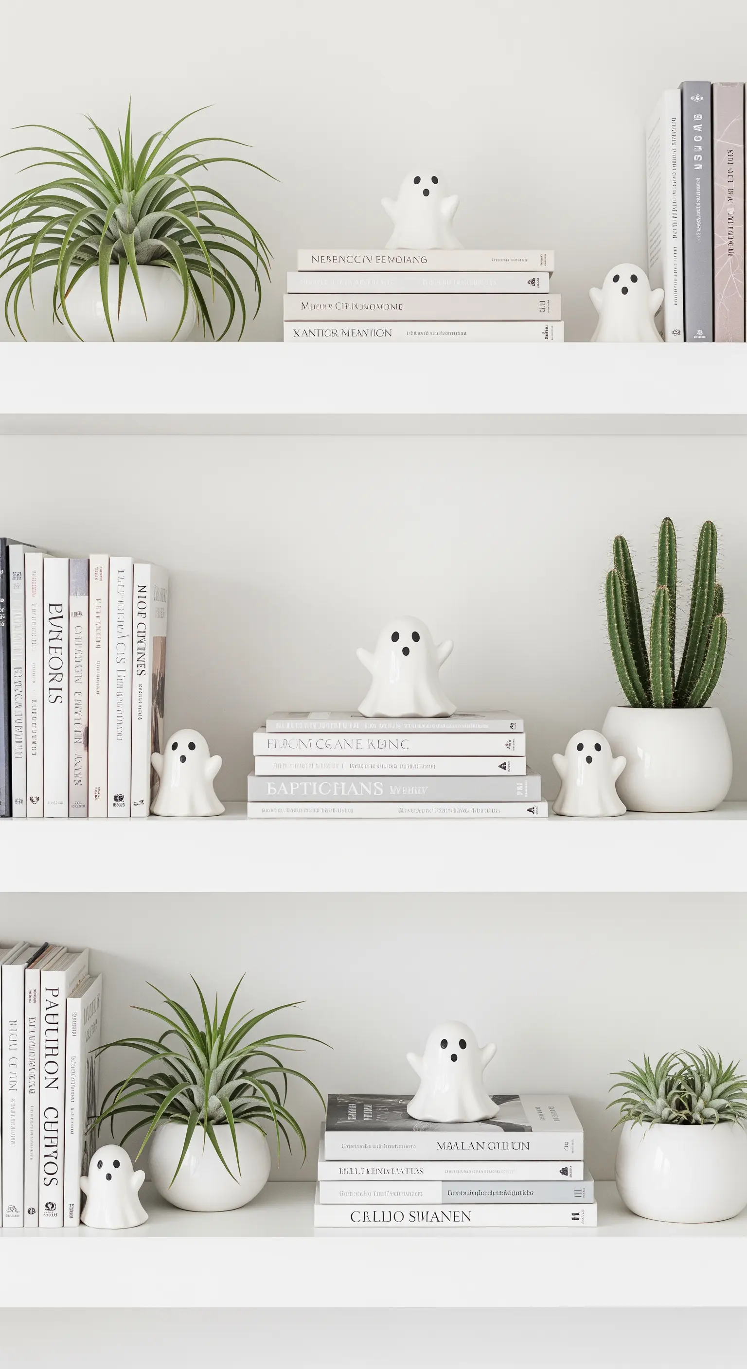Weiße Bücherregale mit kleinen Keramik-Geistern und Sukkulenten