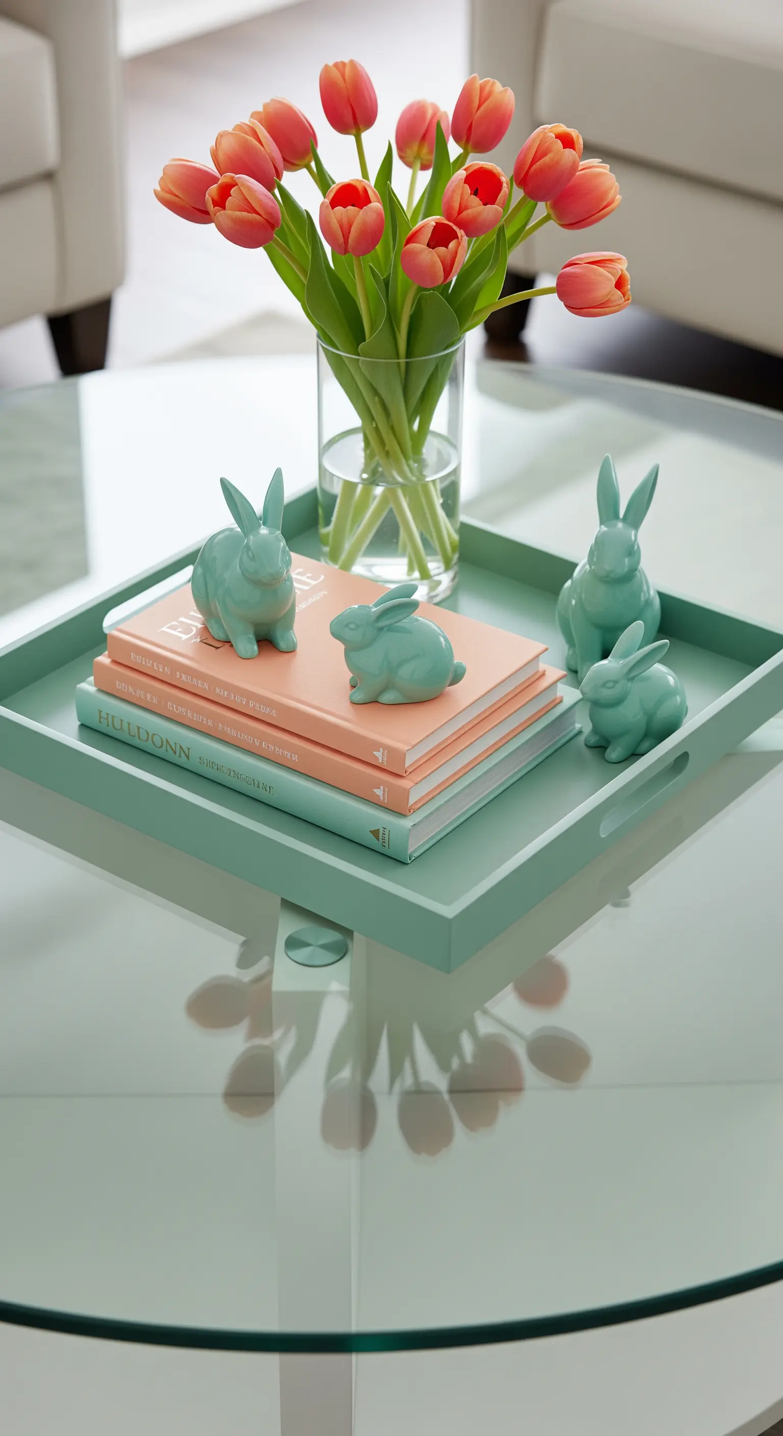 Couchtisch mit mintgrünem Tablett, Keramikhasen und korallefarbenen Tulpen.