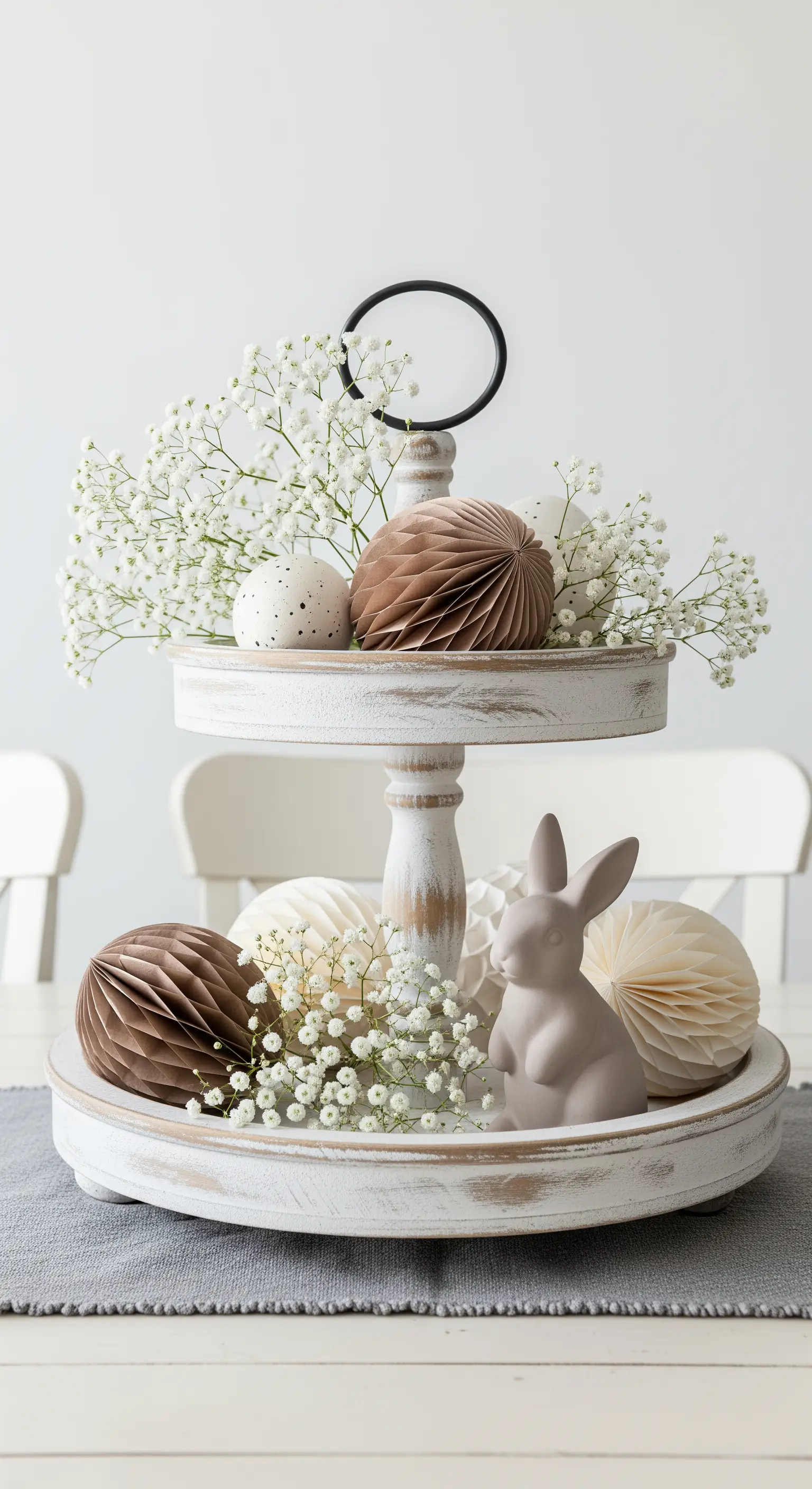 Weiß gekalkte Etagere mit Papierwabenbällen