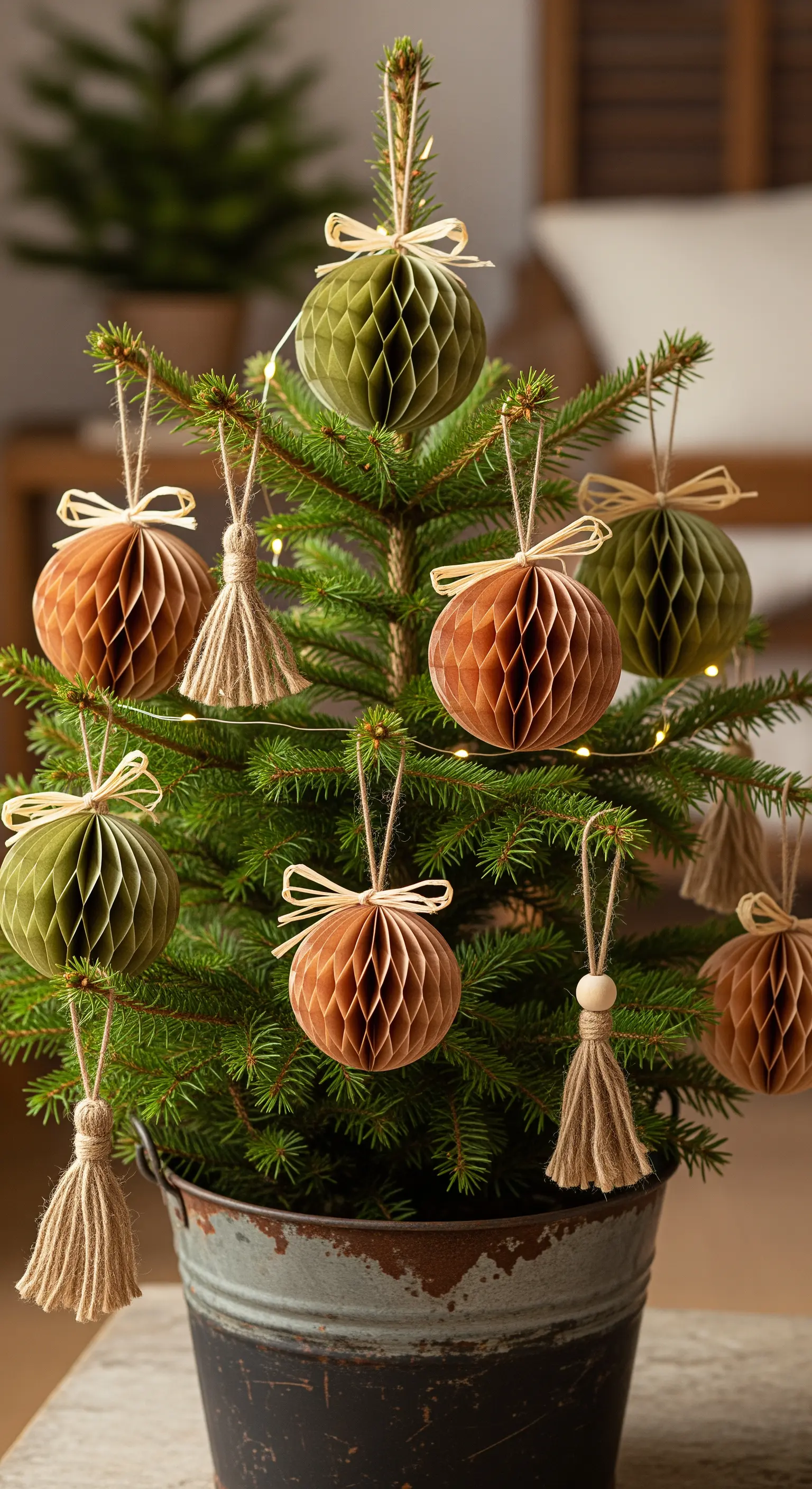 Kleiner Weihnachtsbaum mit grünen und braunen Papierkugeln, Bastquasten im Zinkeimer.