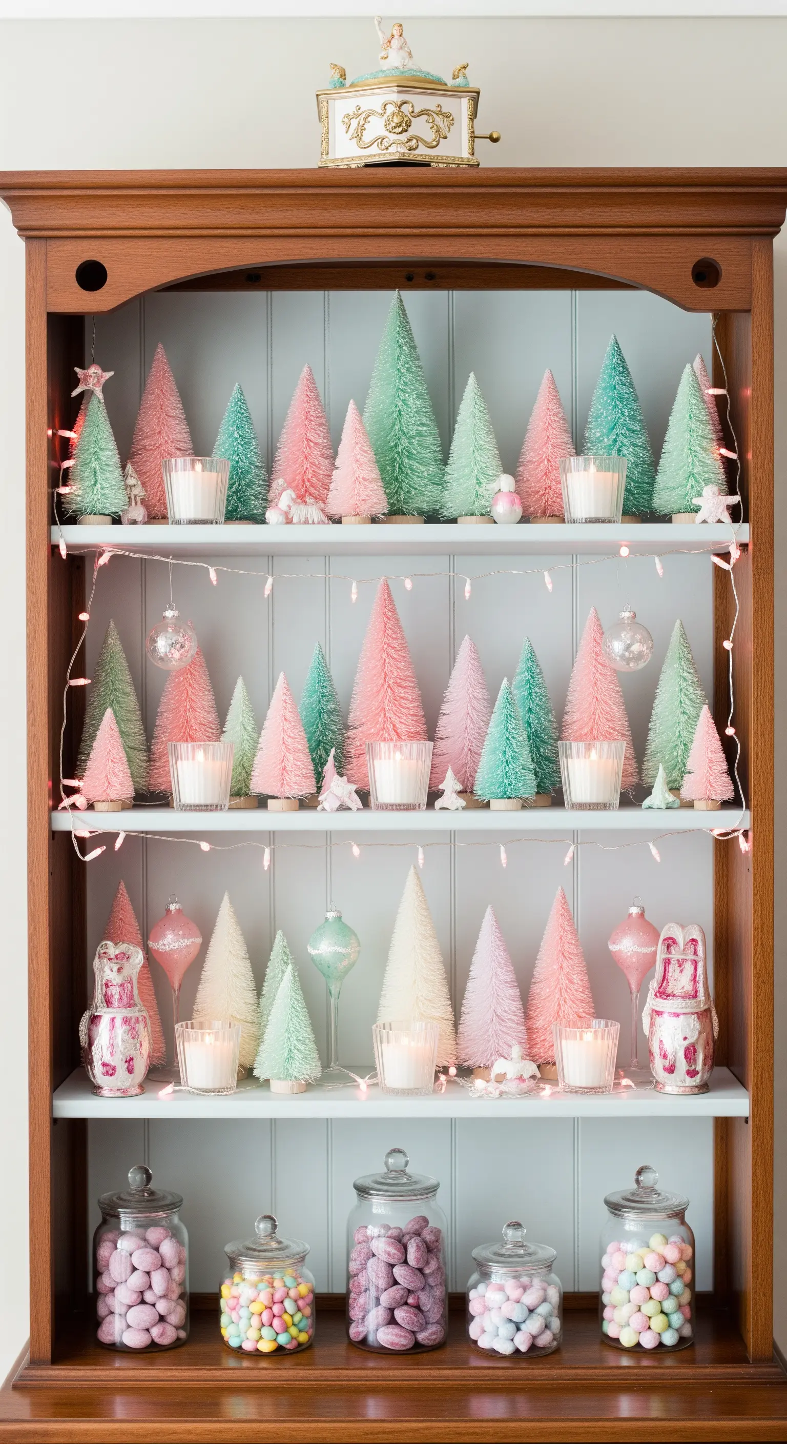 Holzregal mit rosa und mintfarbenen Mini-Weihnachtsbäumen und Bonbongläsern